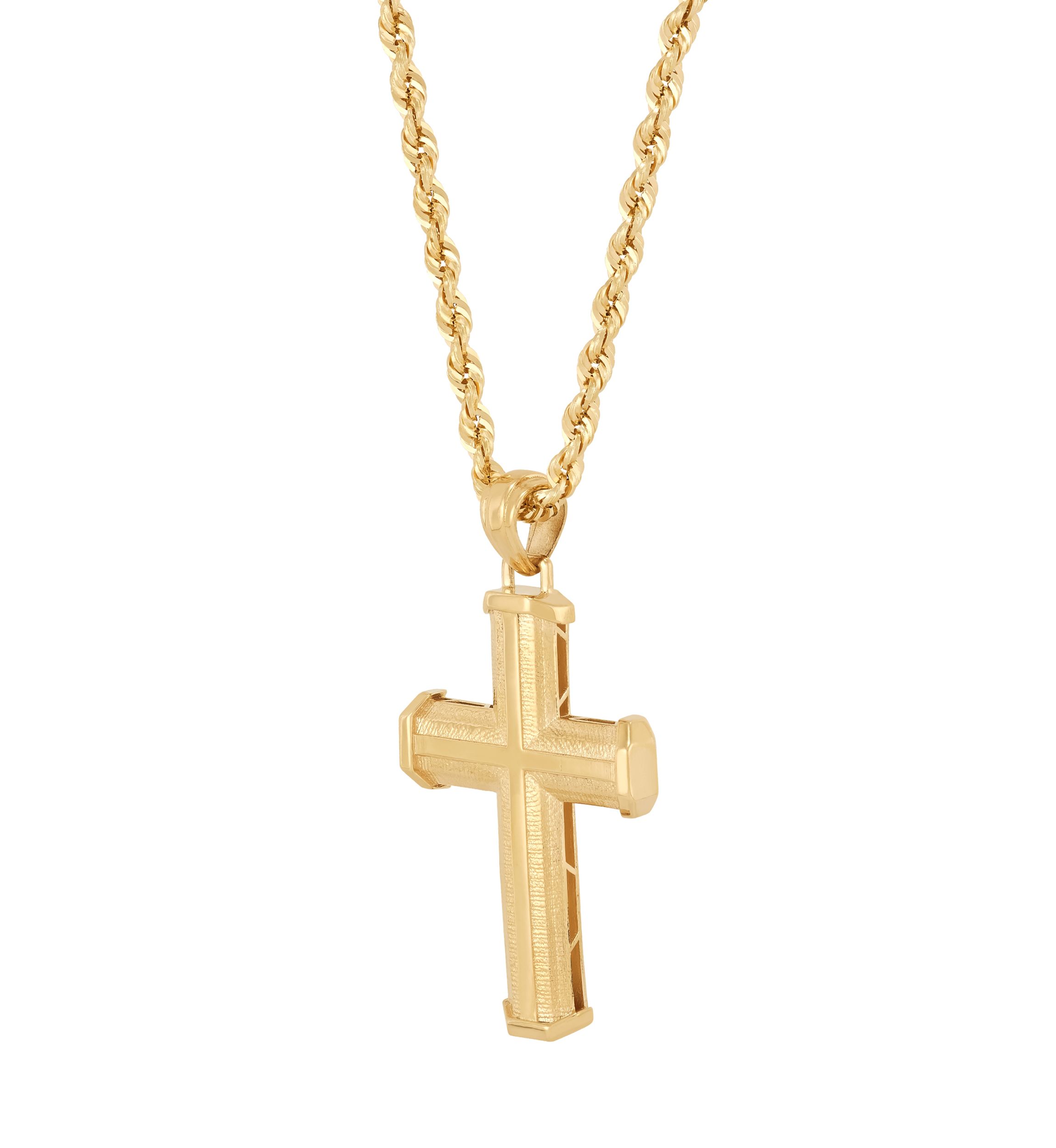 Beveled Step Cross Pendant with 20" Rope Chain in 10K Yellow Gold