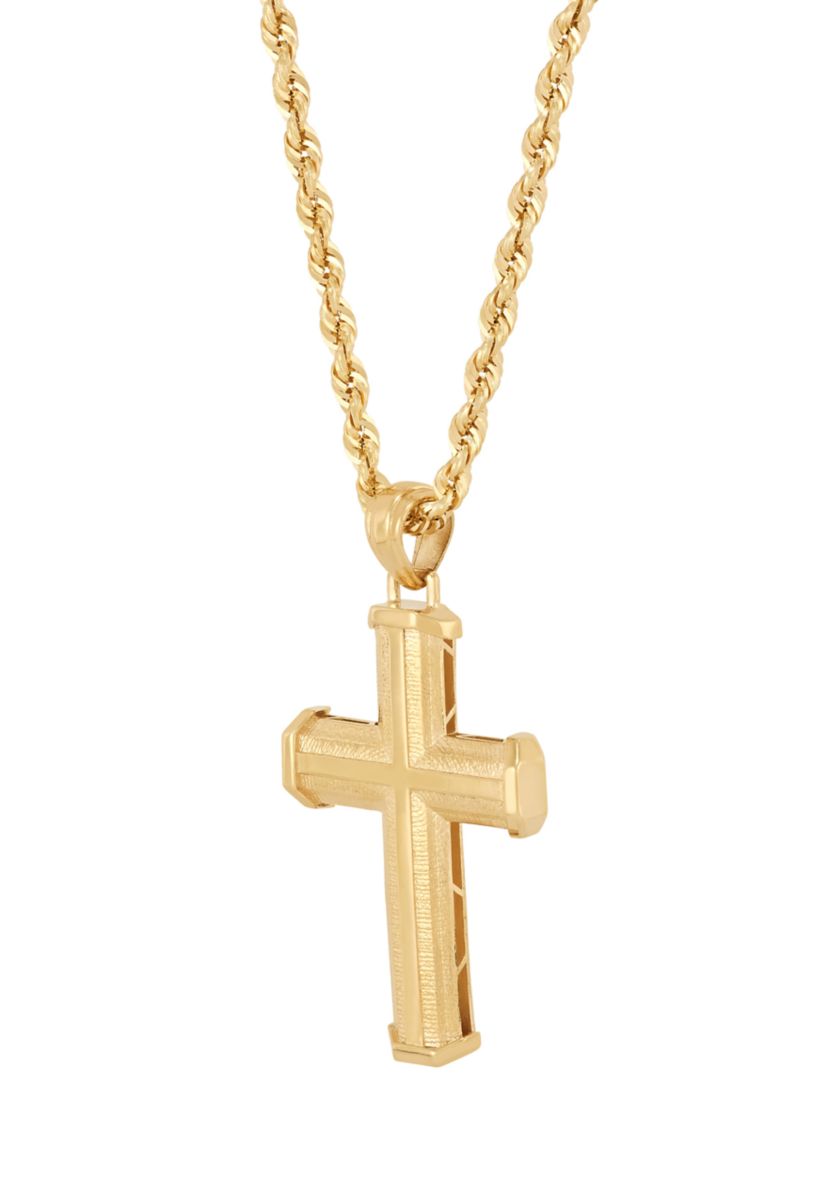 Beveled Step Cross Pendant with 20" Rope Chain in 10K Yellow Gold