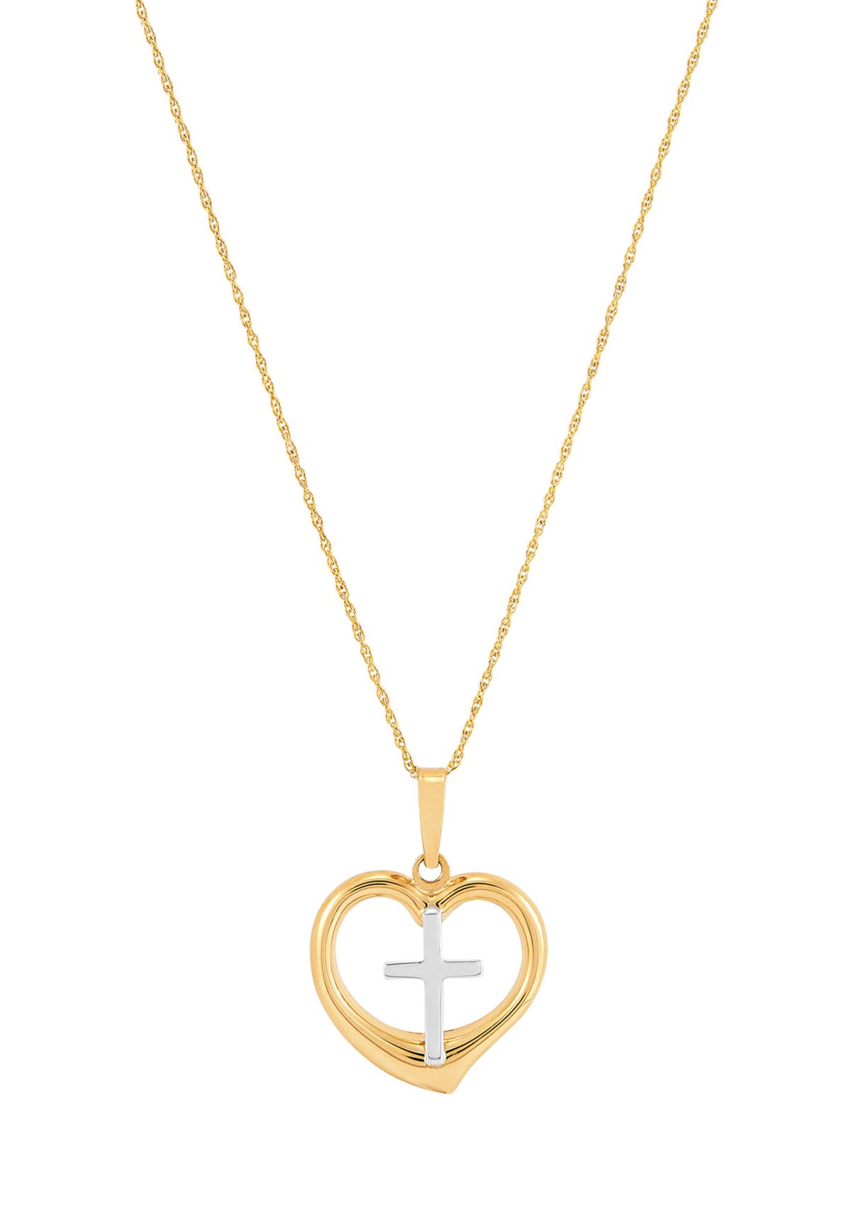 Cross in Heart Pendant Necklace with 18" Rope Chain in 10K Yellow Gold