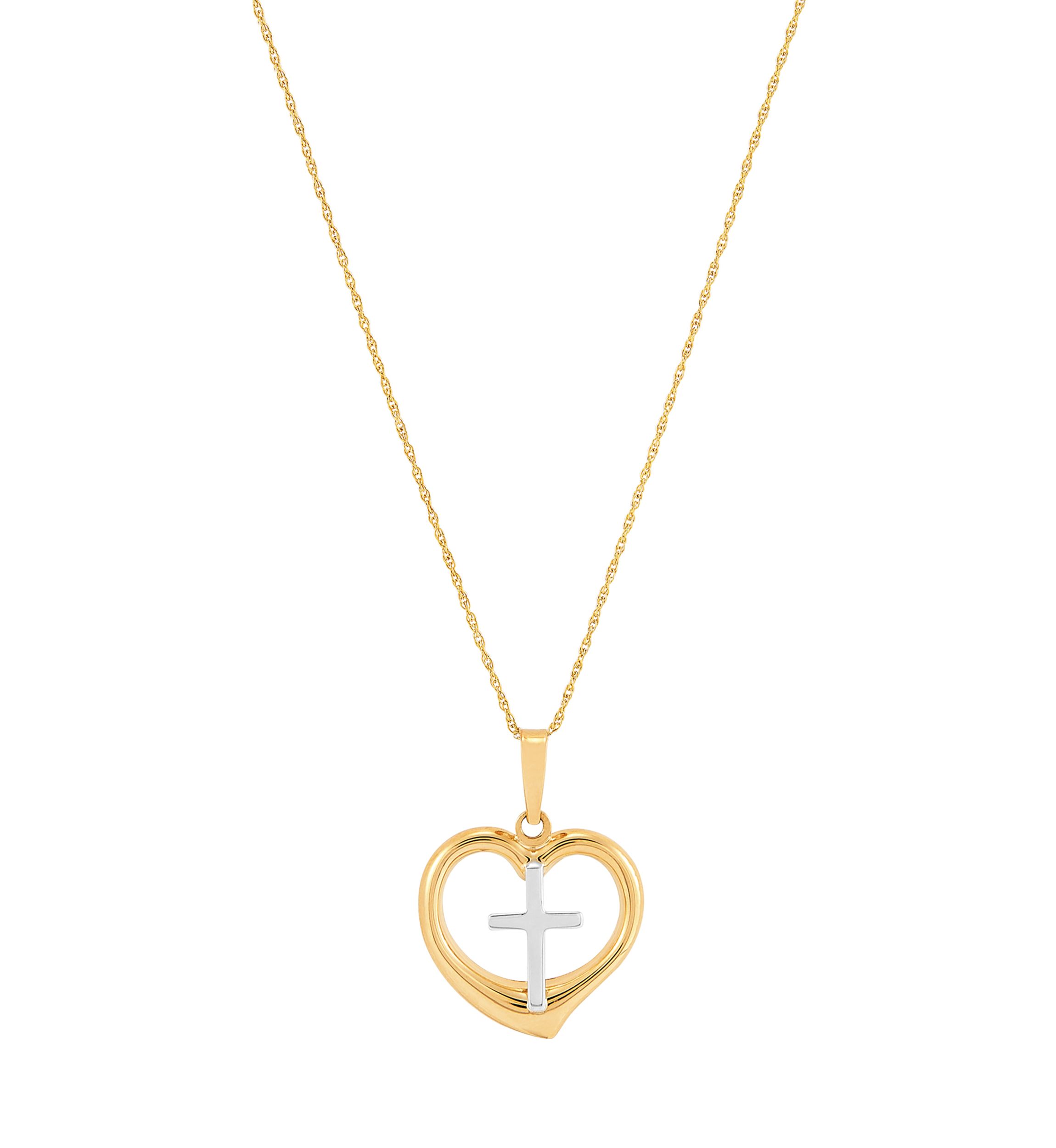 Cross in Heart Pendant Necklace with 18" Rope Chain in 10K Yellow Gold