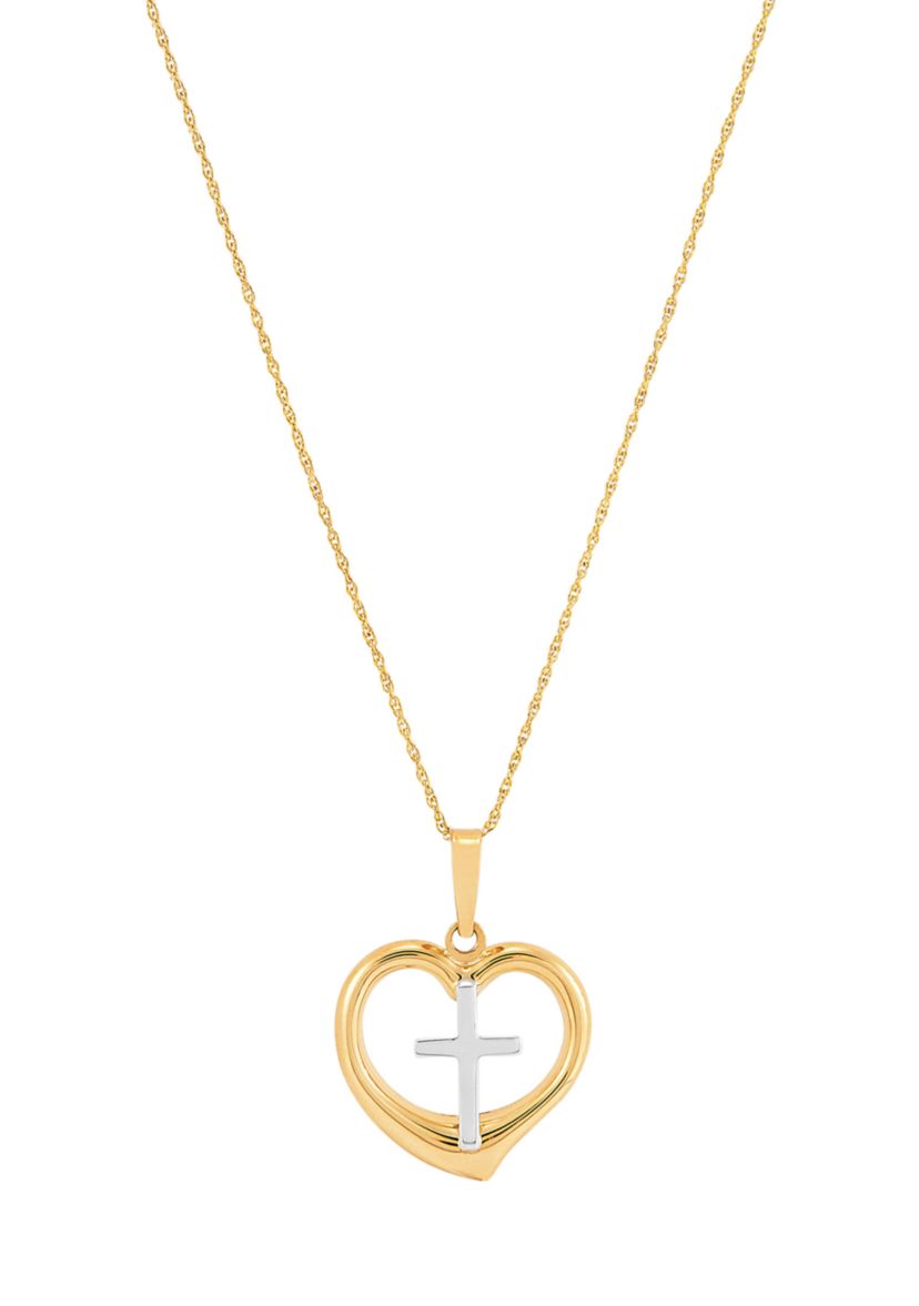 Cross in Heart Pendant Necklace with 18" Rope Chain in 10K Yellow Gold