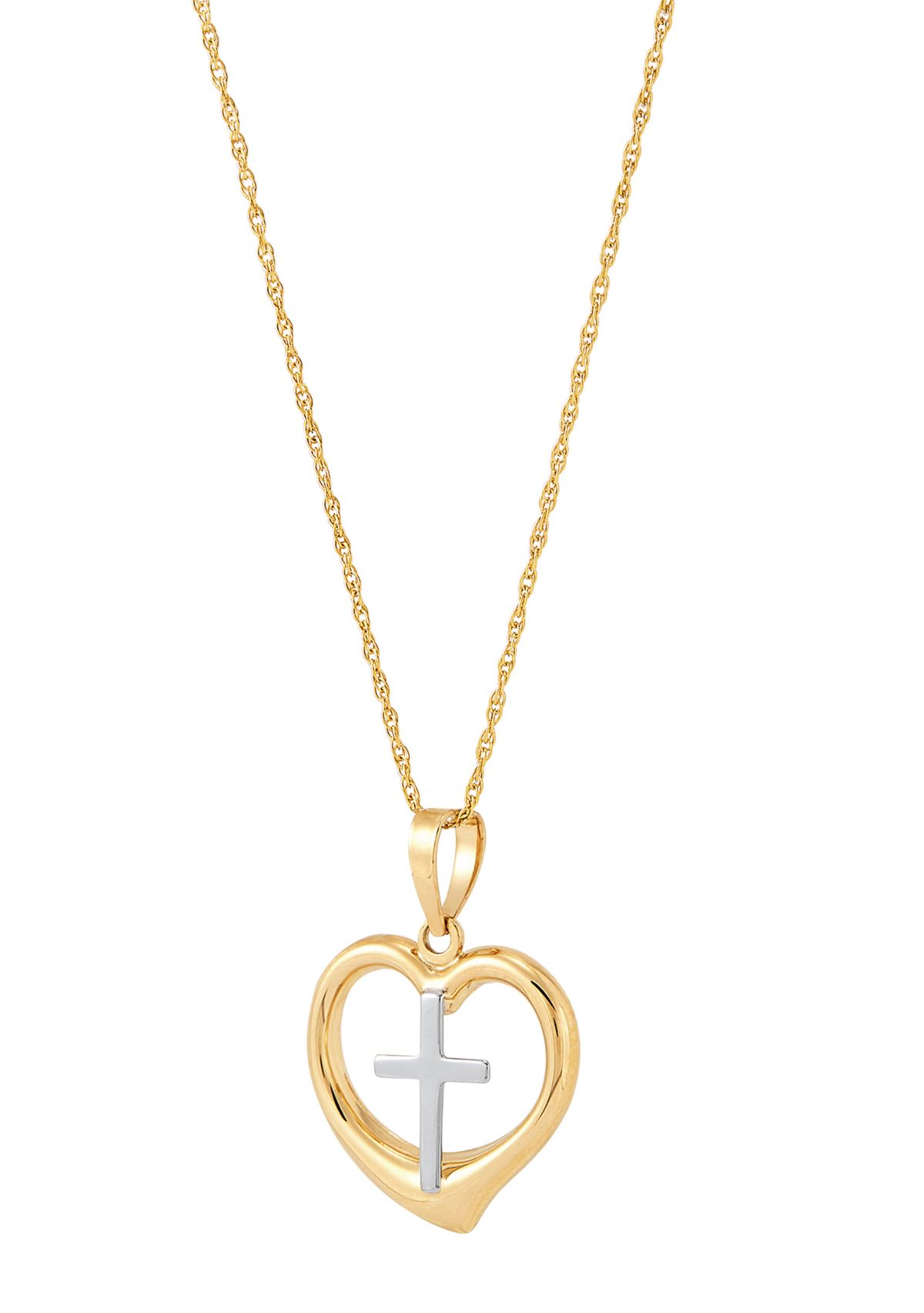 Cross in Heart Pendant Necklace with 18" Rope Chain in 10K Yellow Gold