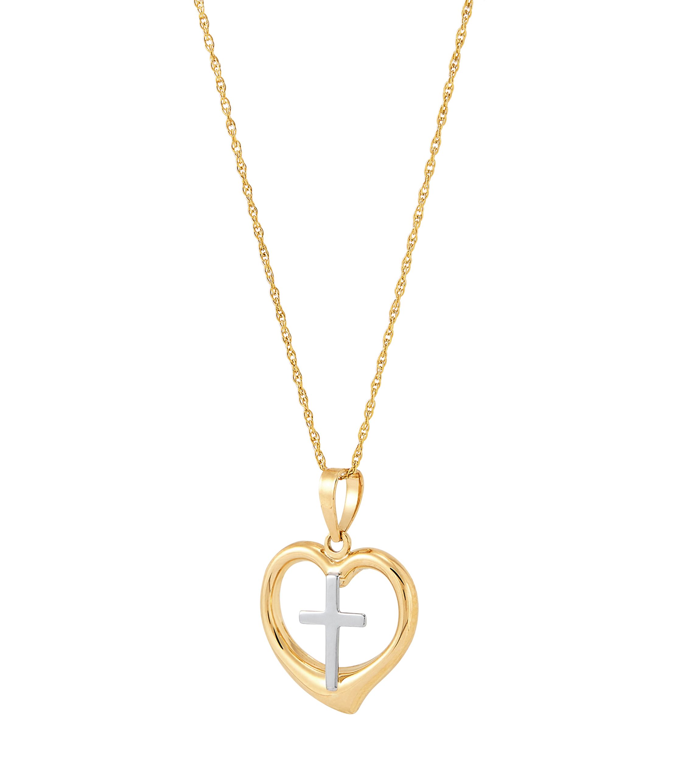 Cross in Heart Pendant Necklace with 18" Rope Chain in 10K Yellow Gold