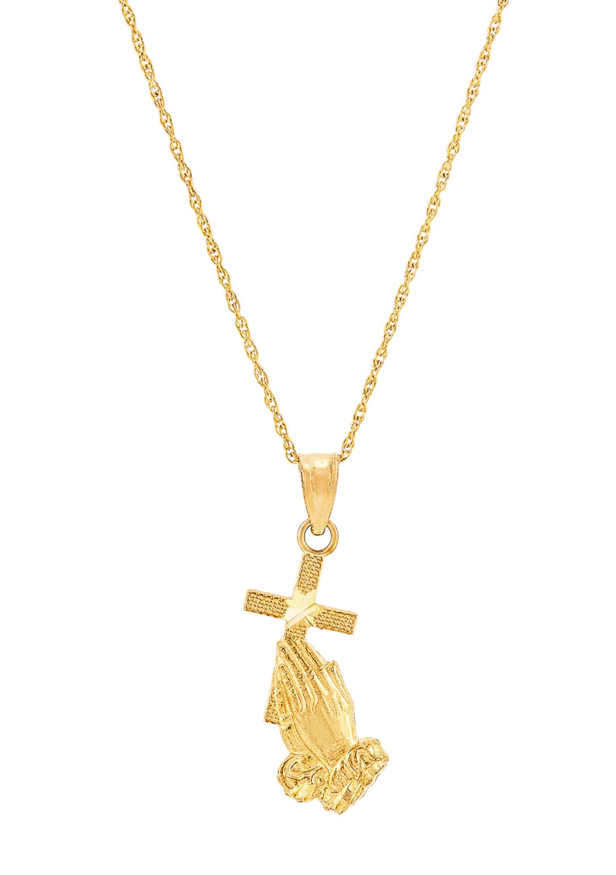Praying Hand Pendant Necklace with 18" Rope Chain in 10K Yellow Gold