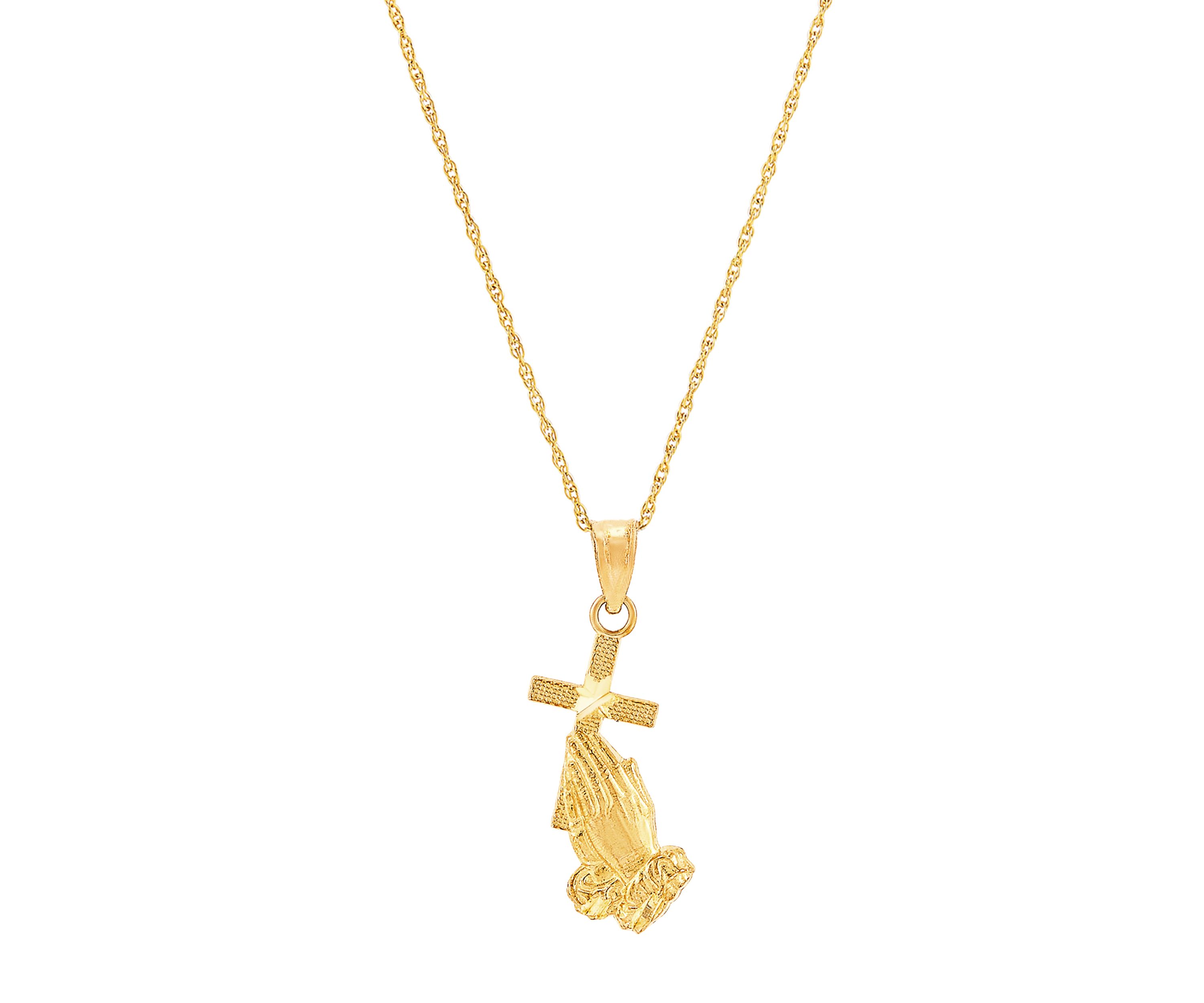 Praying Hand Pendant Necklace with 18" Rope Chain in 10K Yellow Gold