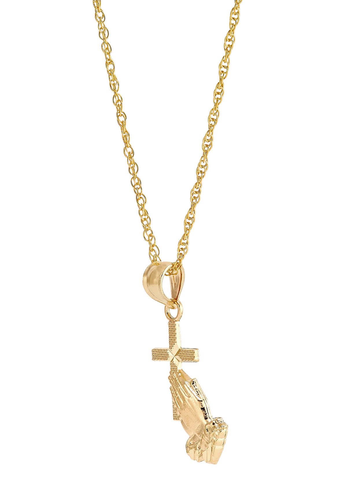 Praying Hand Pendant Necklace with 18" Rope Chain in 10K Yellow Gold