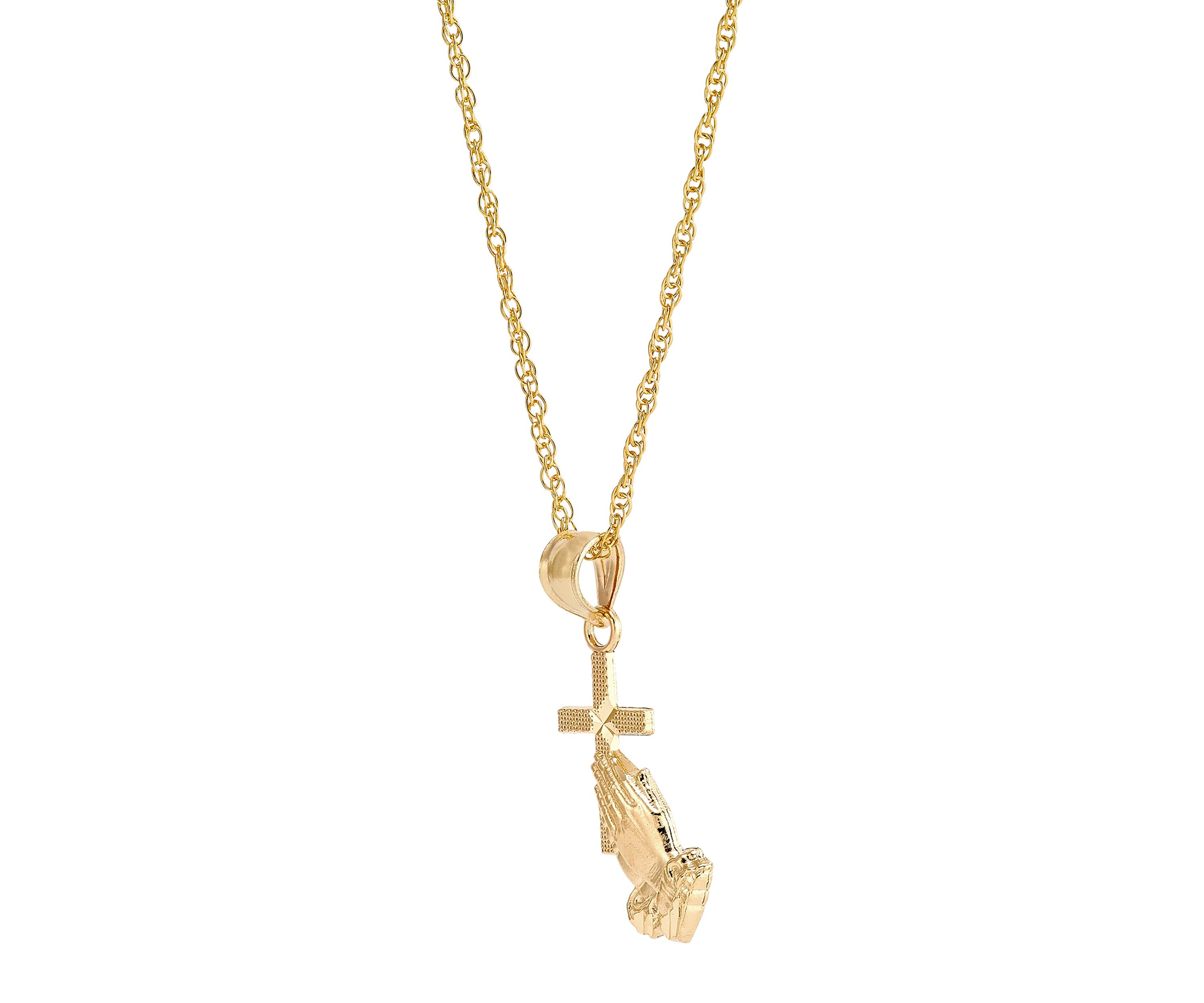 Praying Hand Pendant Necklace with 18" Rope Chain in 10K Yellow Gold