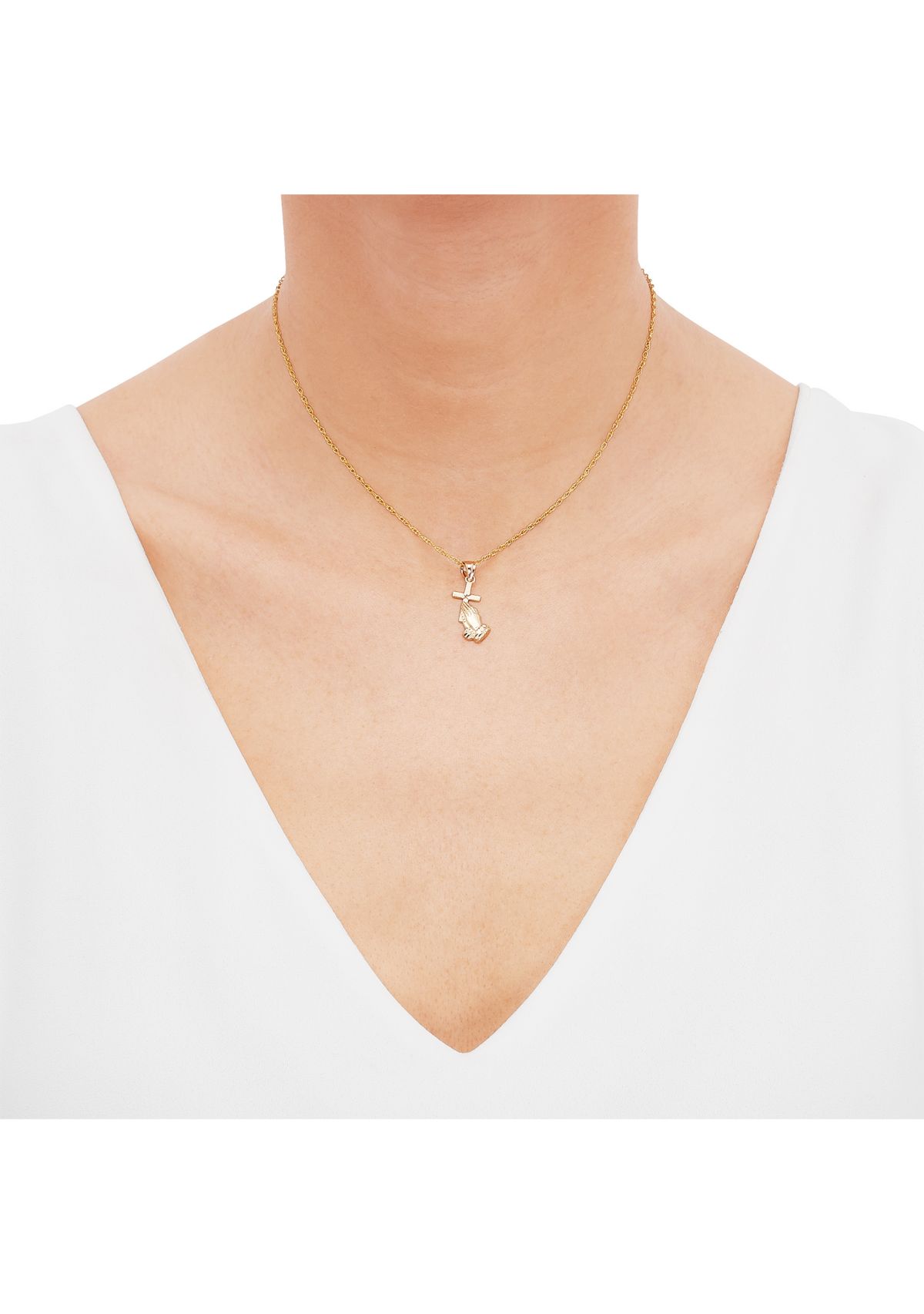 Praying Hand Pendant Necklace with 18" Rope Chain in 10K Yellow Gold