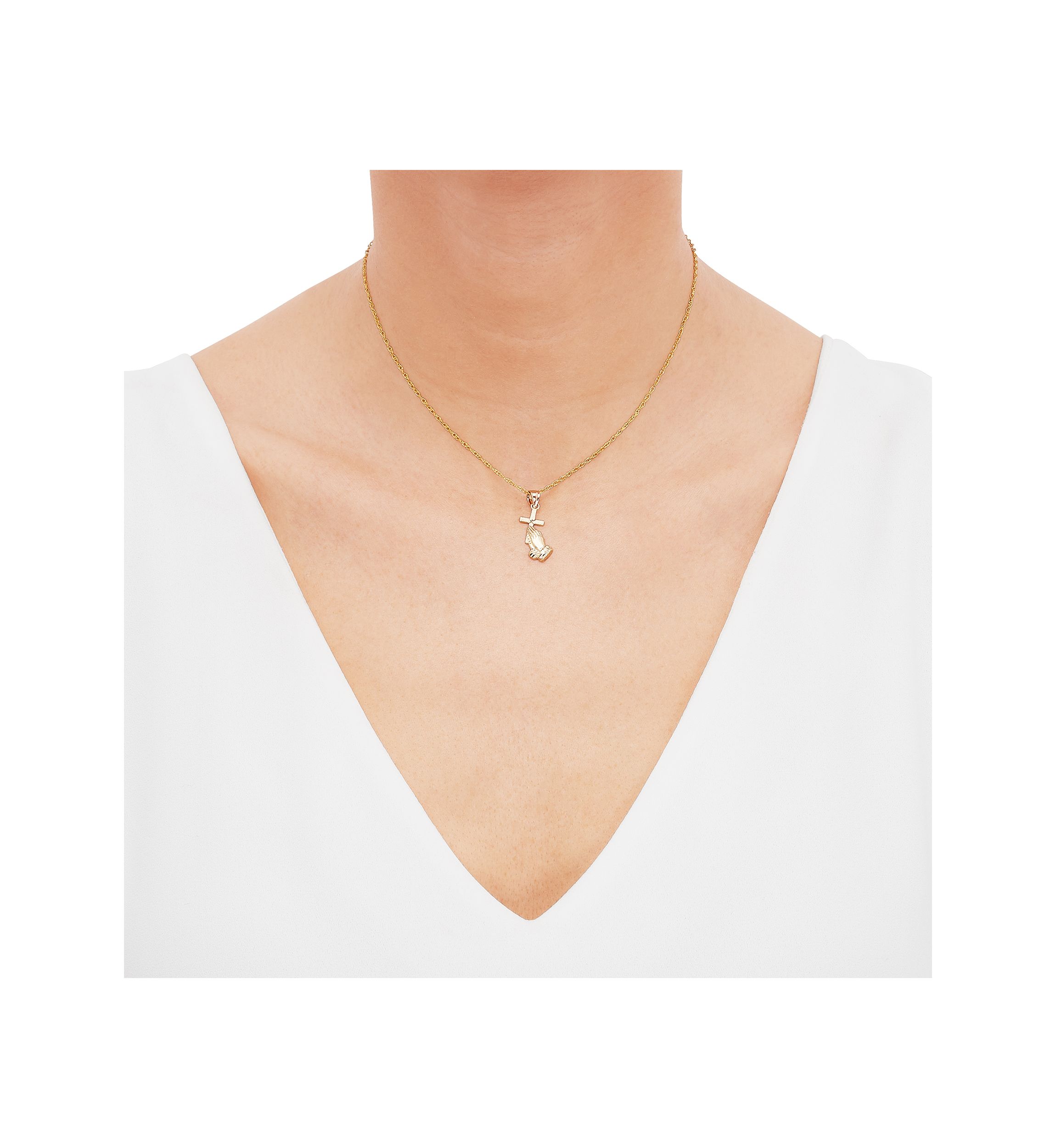 Praying Hand Pendant Necklace with 18" Rope Chain in 10K Yellow Gold