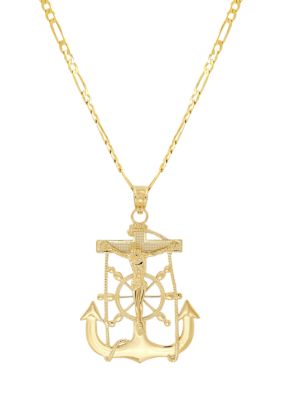 Belk & Co Men's Crucifix Anchor Pendant with 20" Figaro Chain in 10K Yellow Gold, 20 in