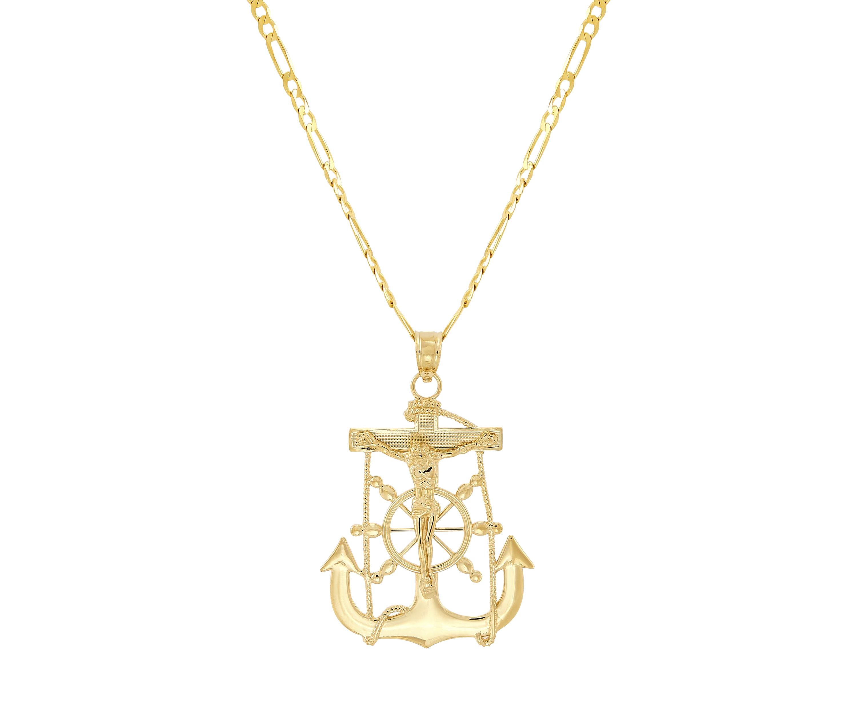 Crucifix Anchor Pendant with 20" Figaro Chain in 10K Yellow Gold