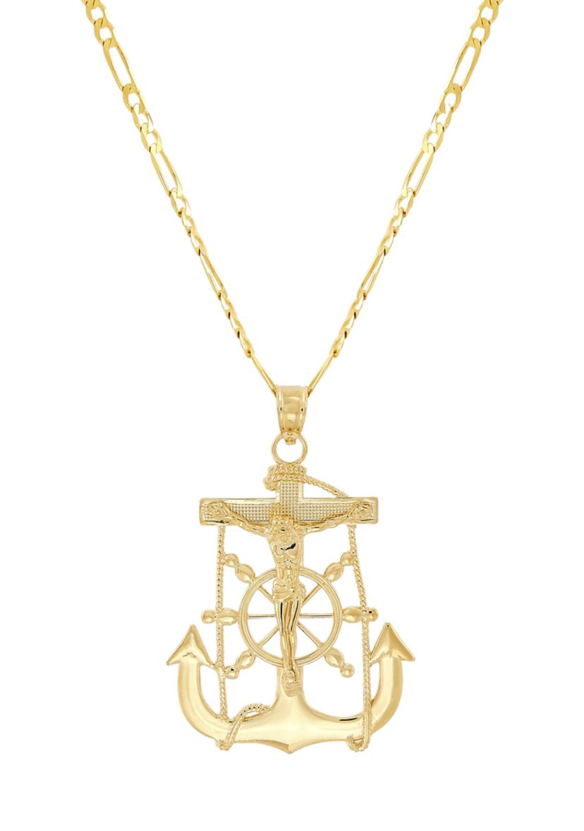 Crucifix Anchor Pendant with 20" Figaro Chain in 10K Yellow Gold