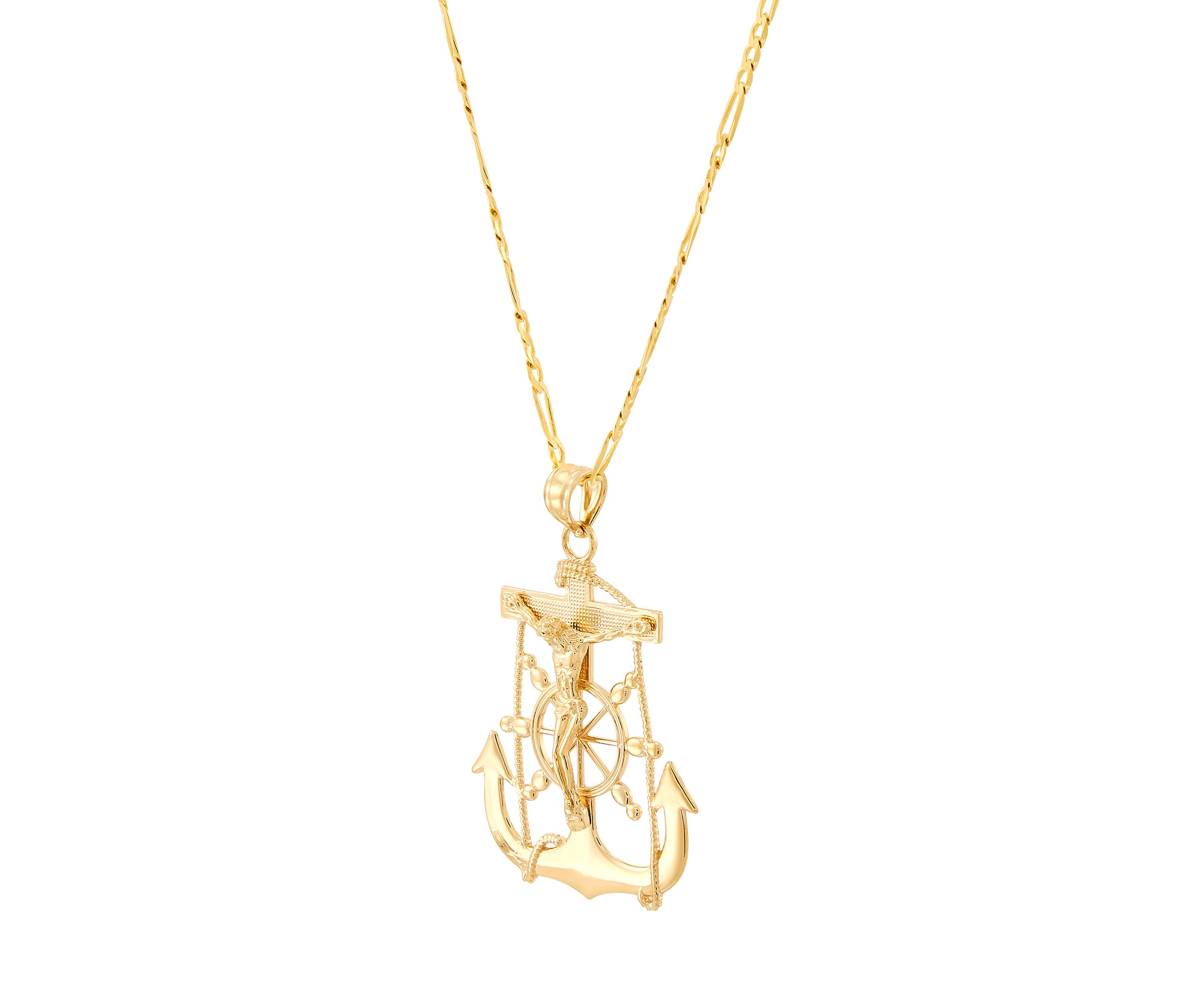 Crucifix Anchor Pendant with 20" Figaro Chain in 10K Yellow Gold