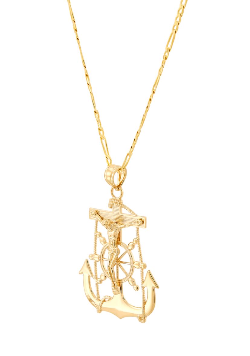 Crucifix Anchor Pendant with 20" Figaro Chain in 10K Yellow Gold
