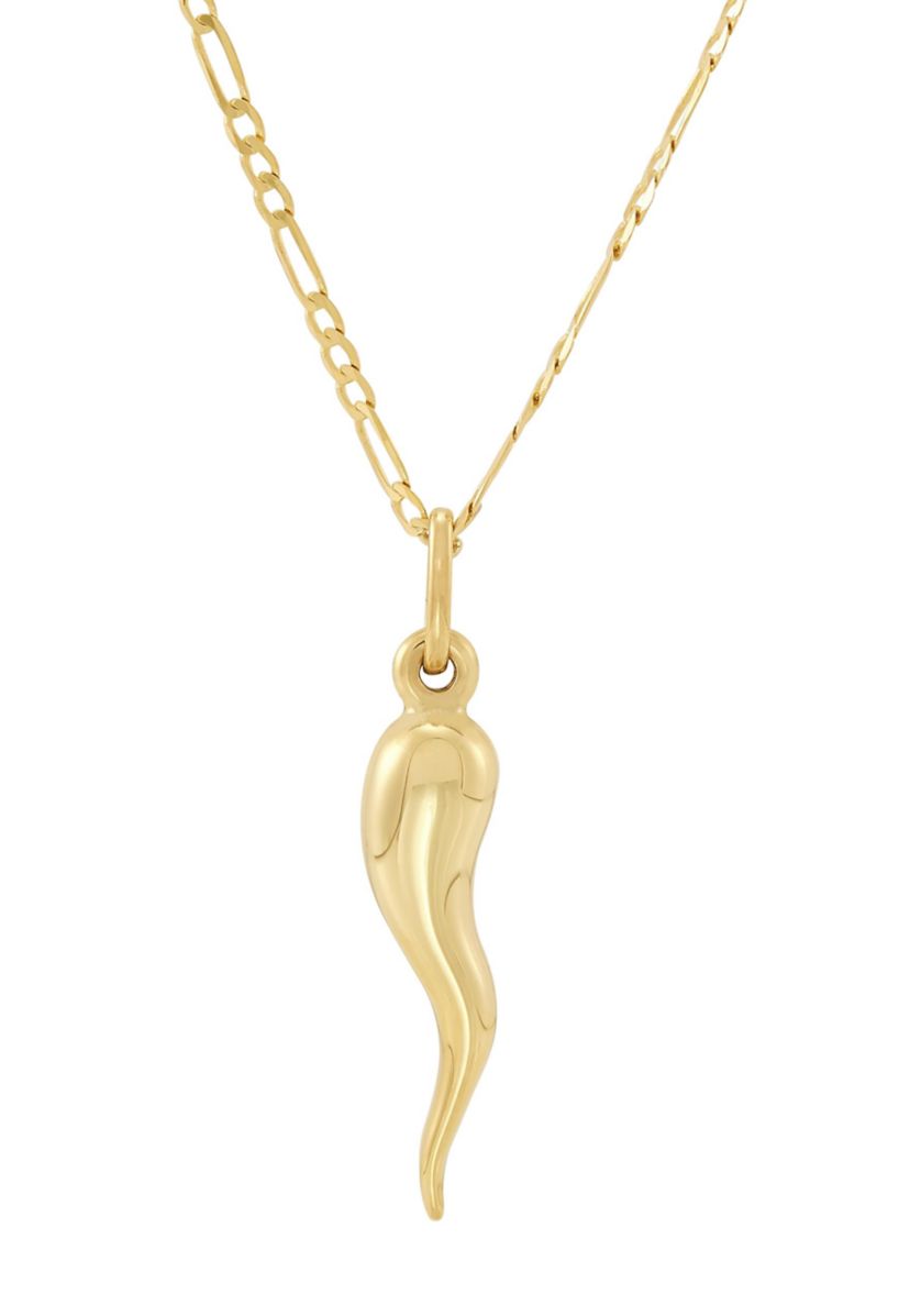 Italian Horn Pendant with 20" Figaro Chain in 10K Yellow Gold