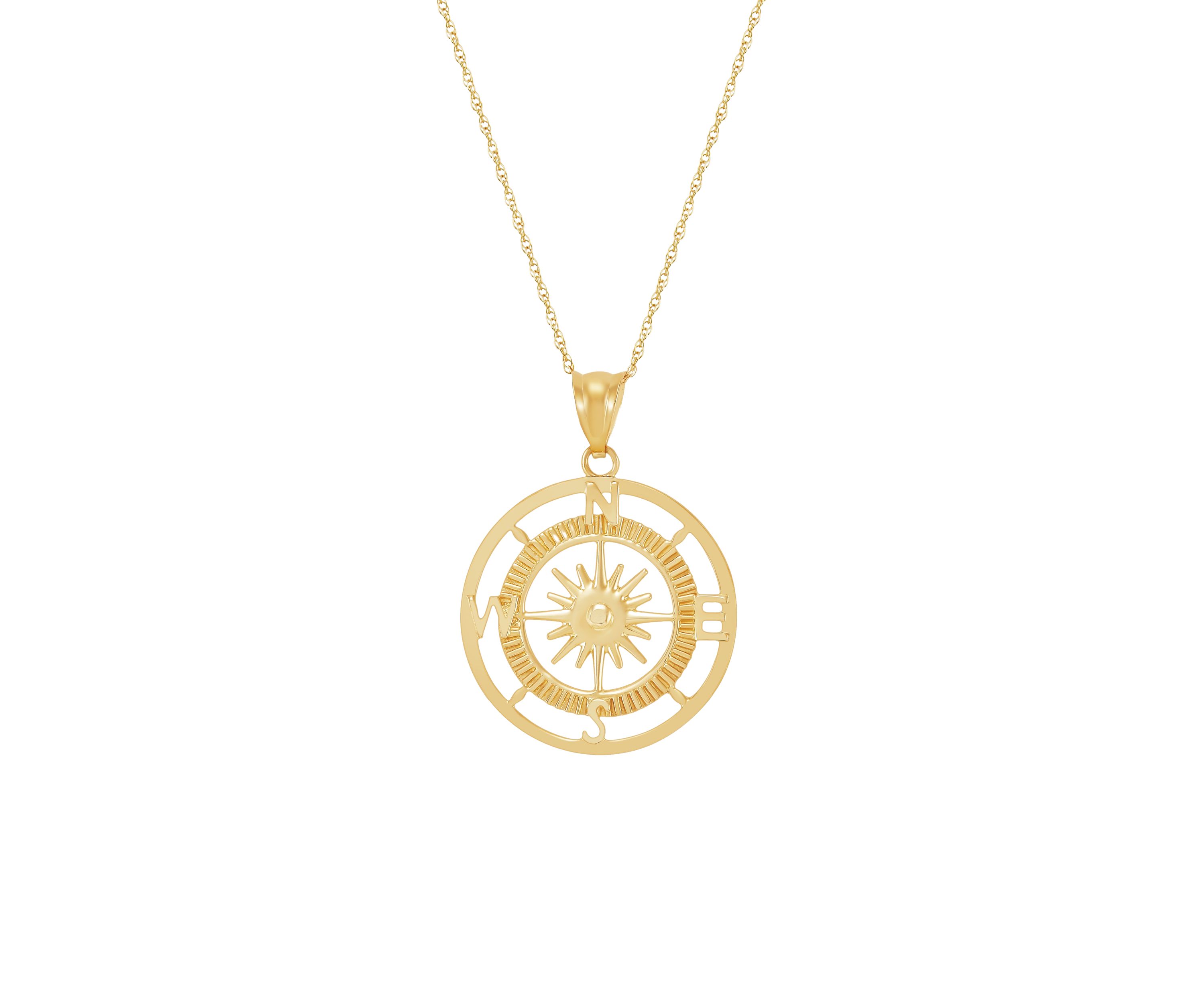 Compass Pendant Necklace with 20" Rope Chain in 10K Yellow Gold