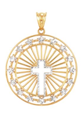 Belk & Co Round Shape with Cross Center Pendant in 10K Yellow and White Gold