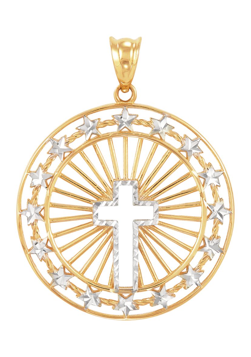 Round Shape with Cross Center Pendant in 10K Yellow and White Gold