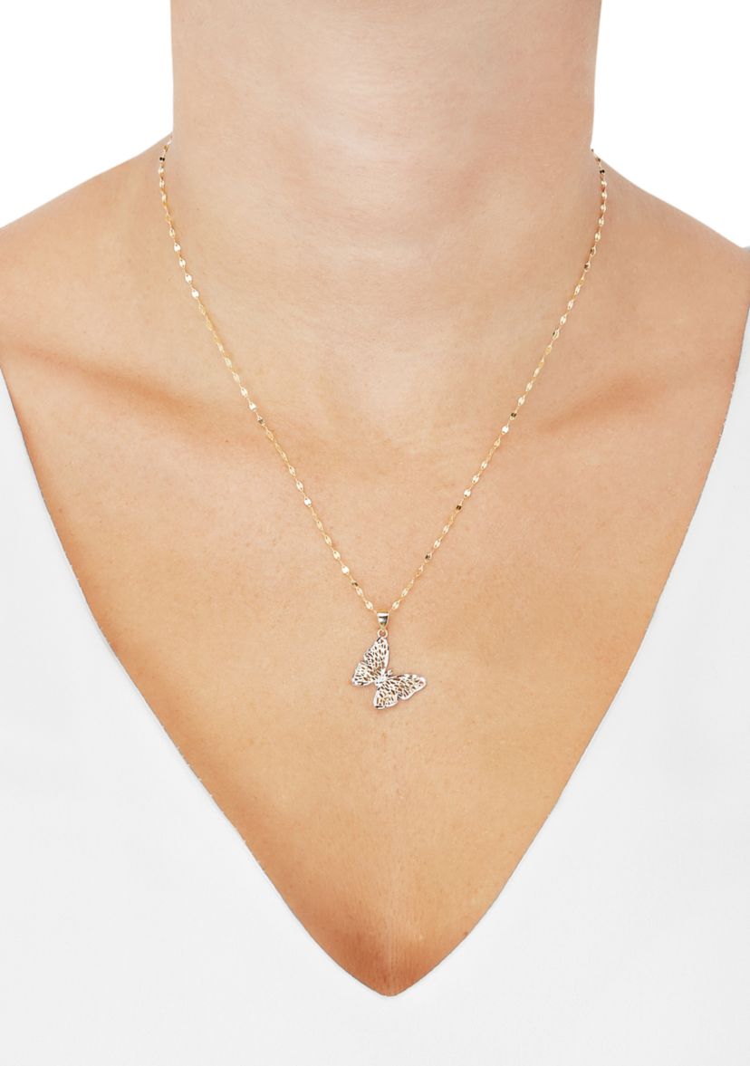 Mesh Butterfly Drop Pendant with 18" Mirror Chain in 10K Yellow Gold