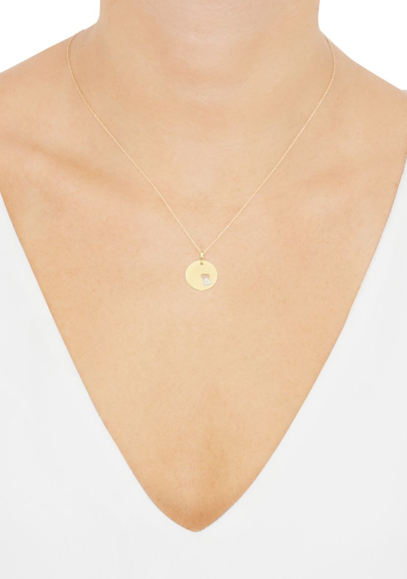 Cut Out Heart Disk Pendant with 18" Rope Chain in 10K Two Tone Gold