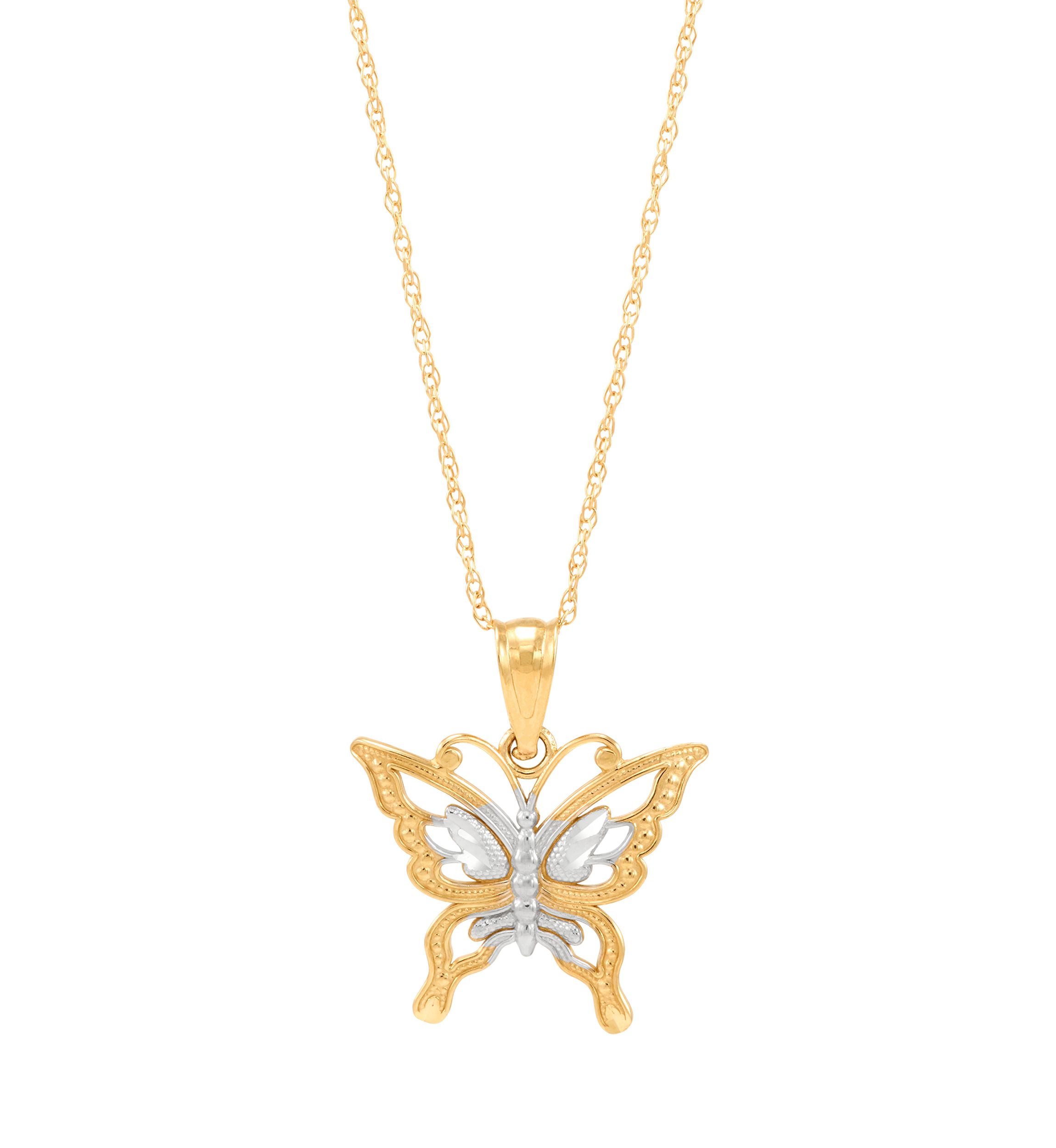 Butterfly Pendant Necklace with 18" Rope Chain in 10K Yellow Gold