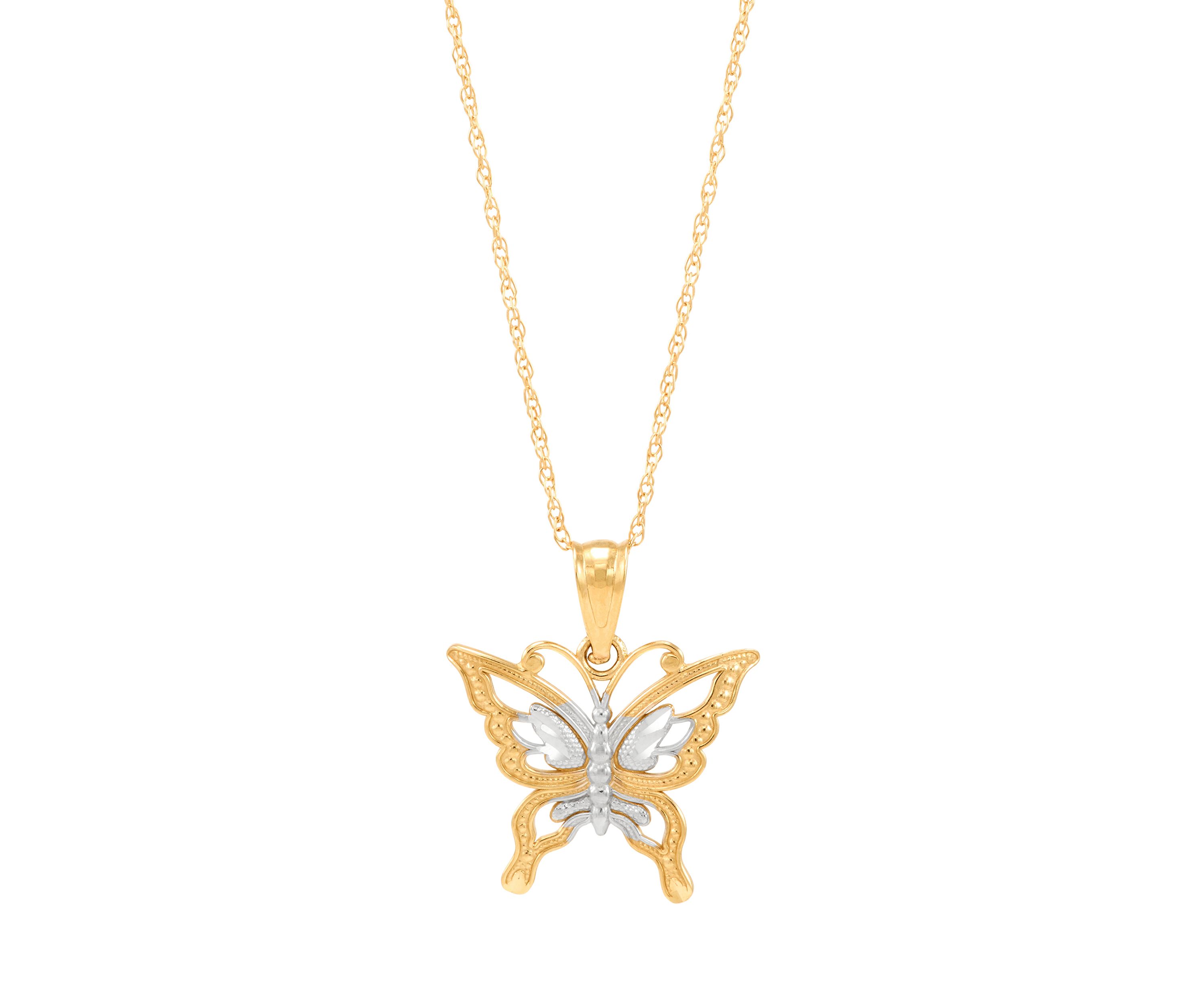 Butterfly Pendant Necklace with 18" Rope Chain in 10K Yellow Gold