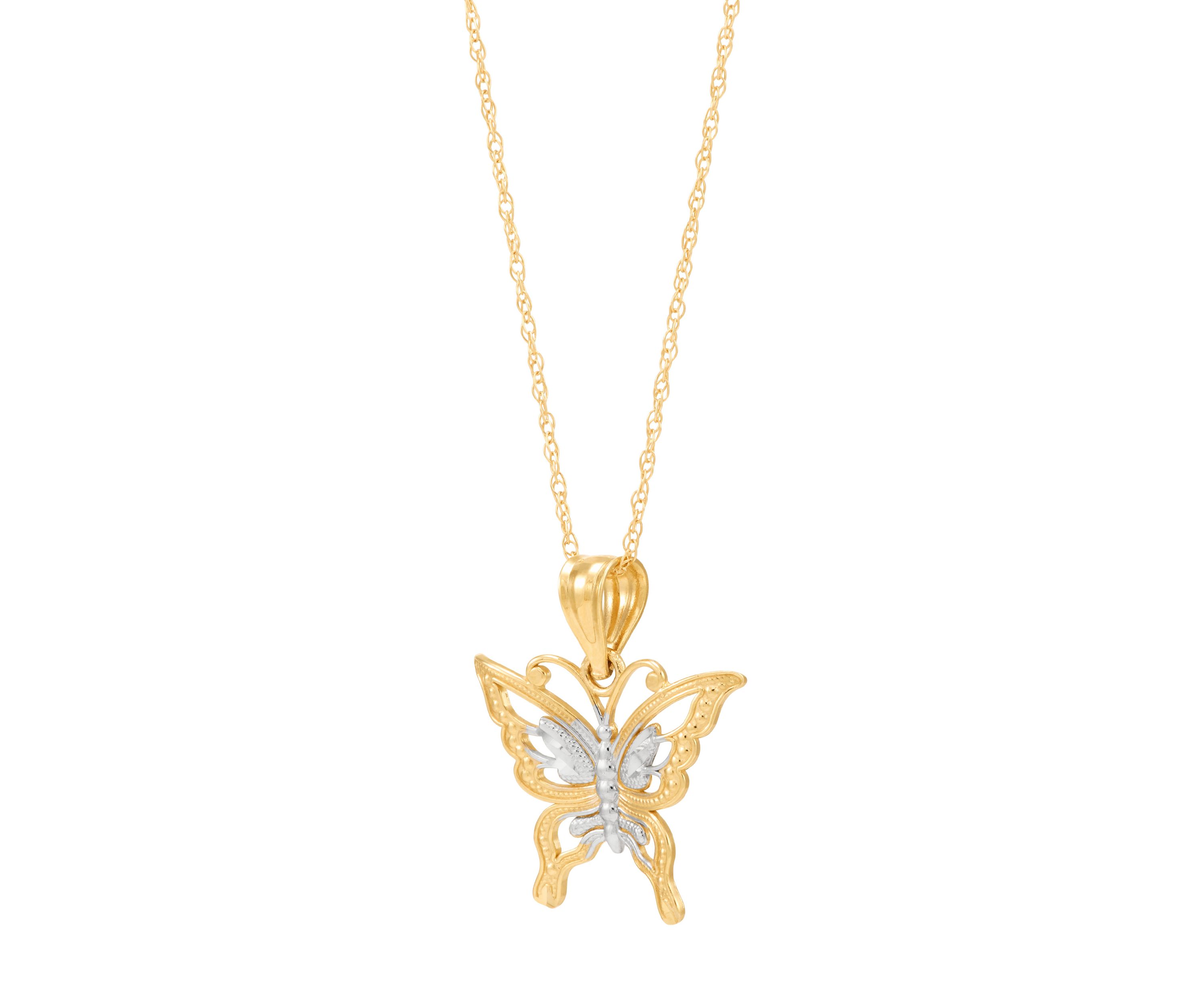 Butterfly Pendant Necklace with 18" Rope Chain in 10K Yellow Gold