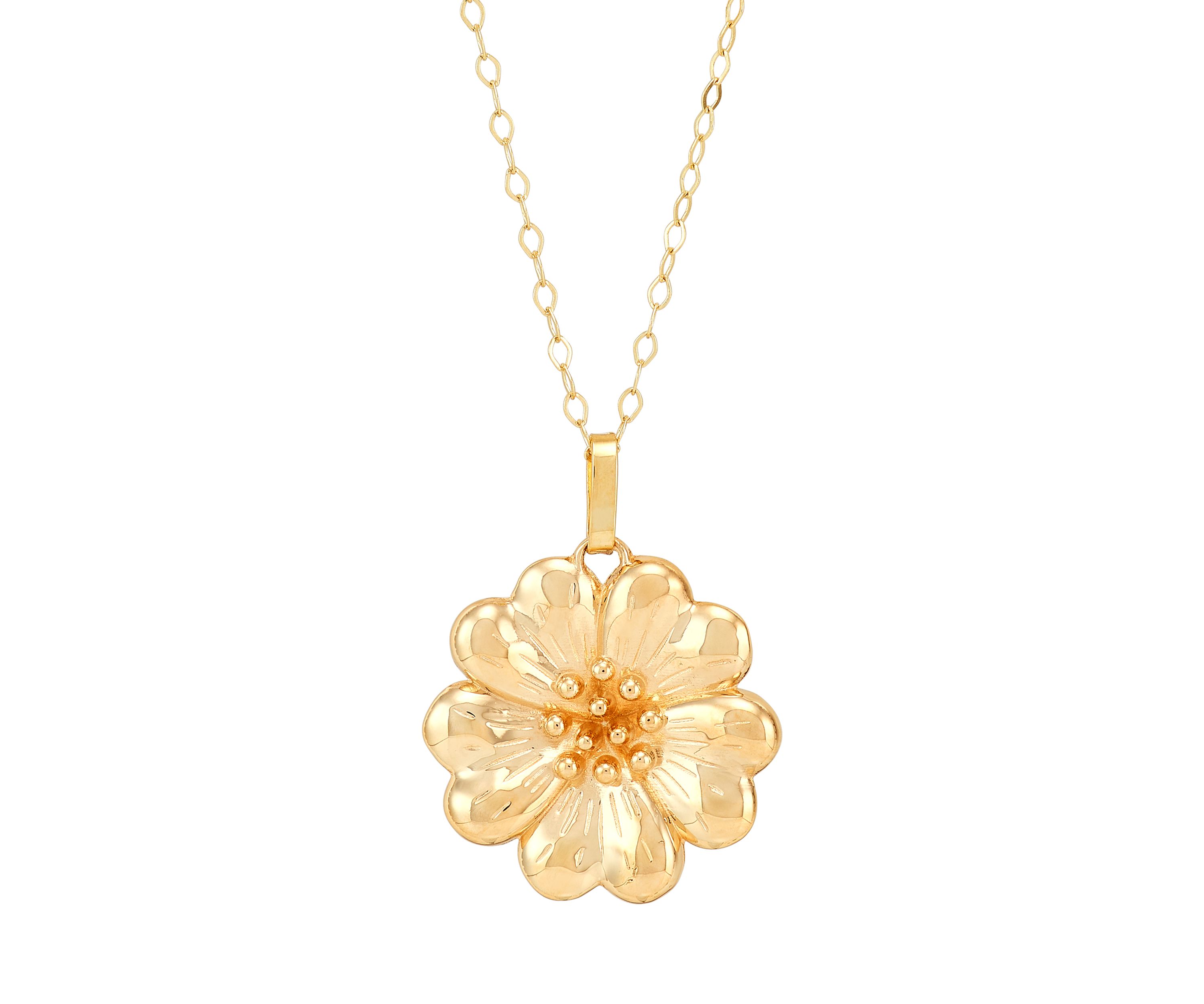Cherry Blossom Flower Pendant with 17" Cable Chain in 10K Yellow Gold