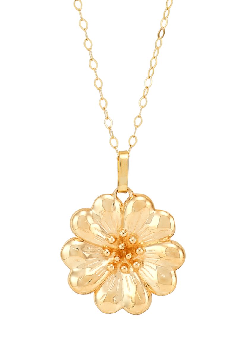 Cherry Blossom Flower Pendant with 17" Cable Chain in 10K Yellow Gold