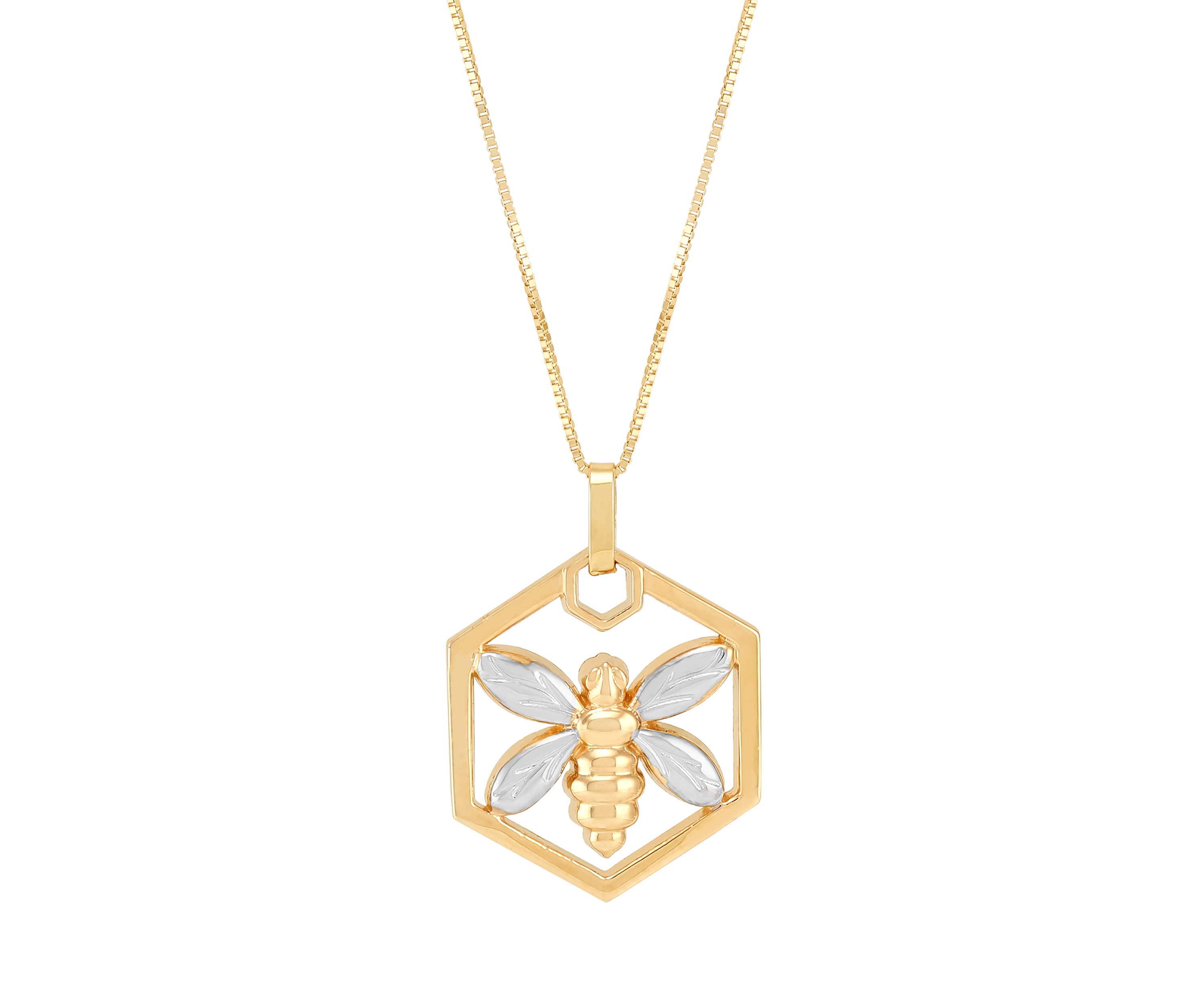 Hexagon with Bee Pendant with 18" Box Chain in 10K Yellow Gold