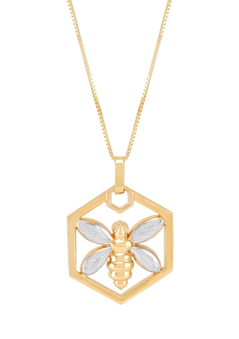 Hexagon with Bee Pendant with 18" Box Chain in 10K Yellow Gold