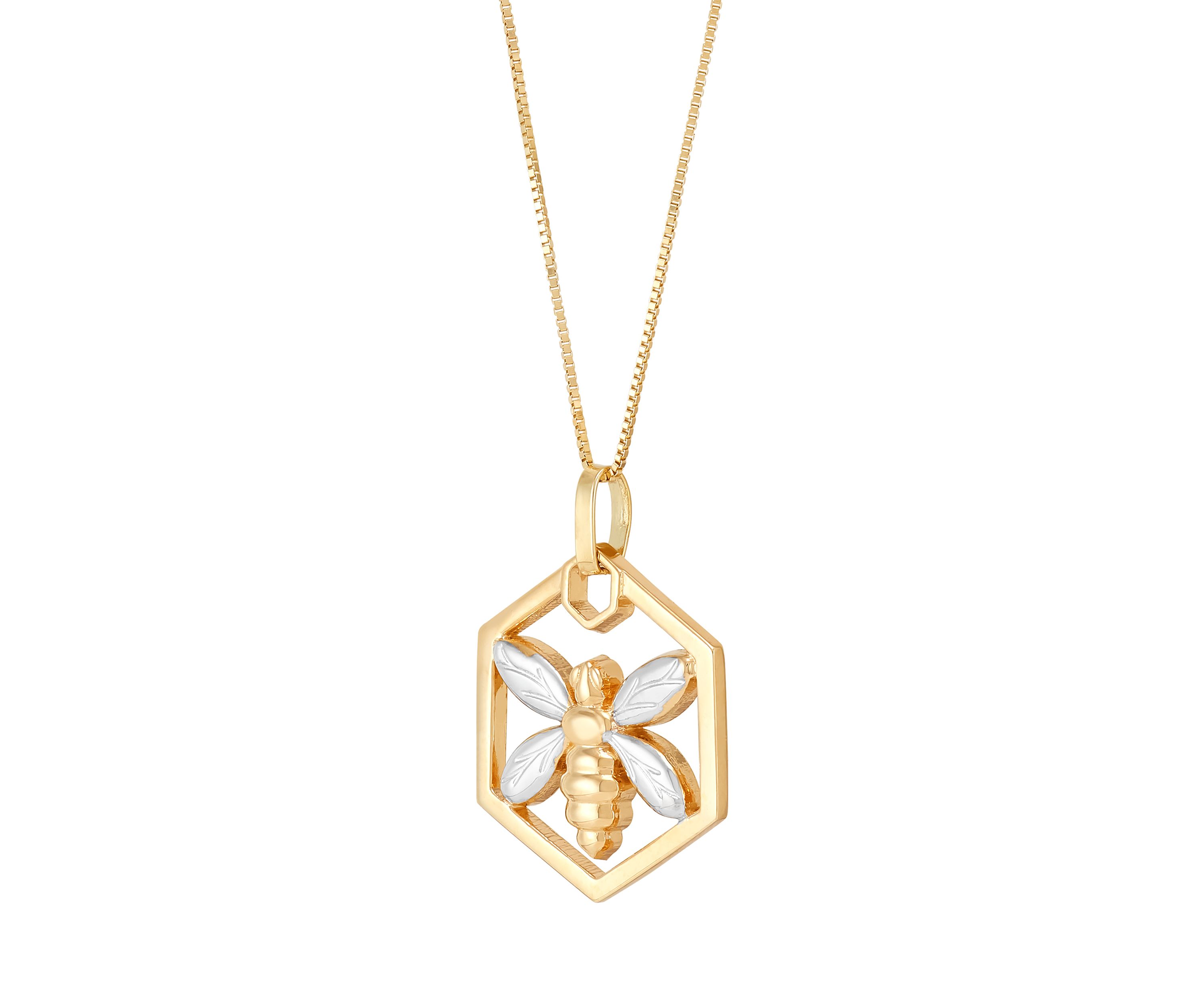 Hexagon with Bee Pendant with 18" Box Chain in 10K Yellow Gold