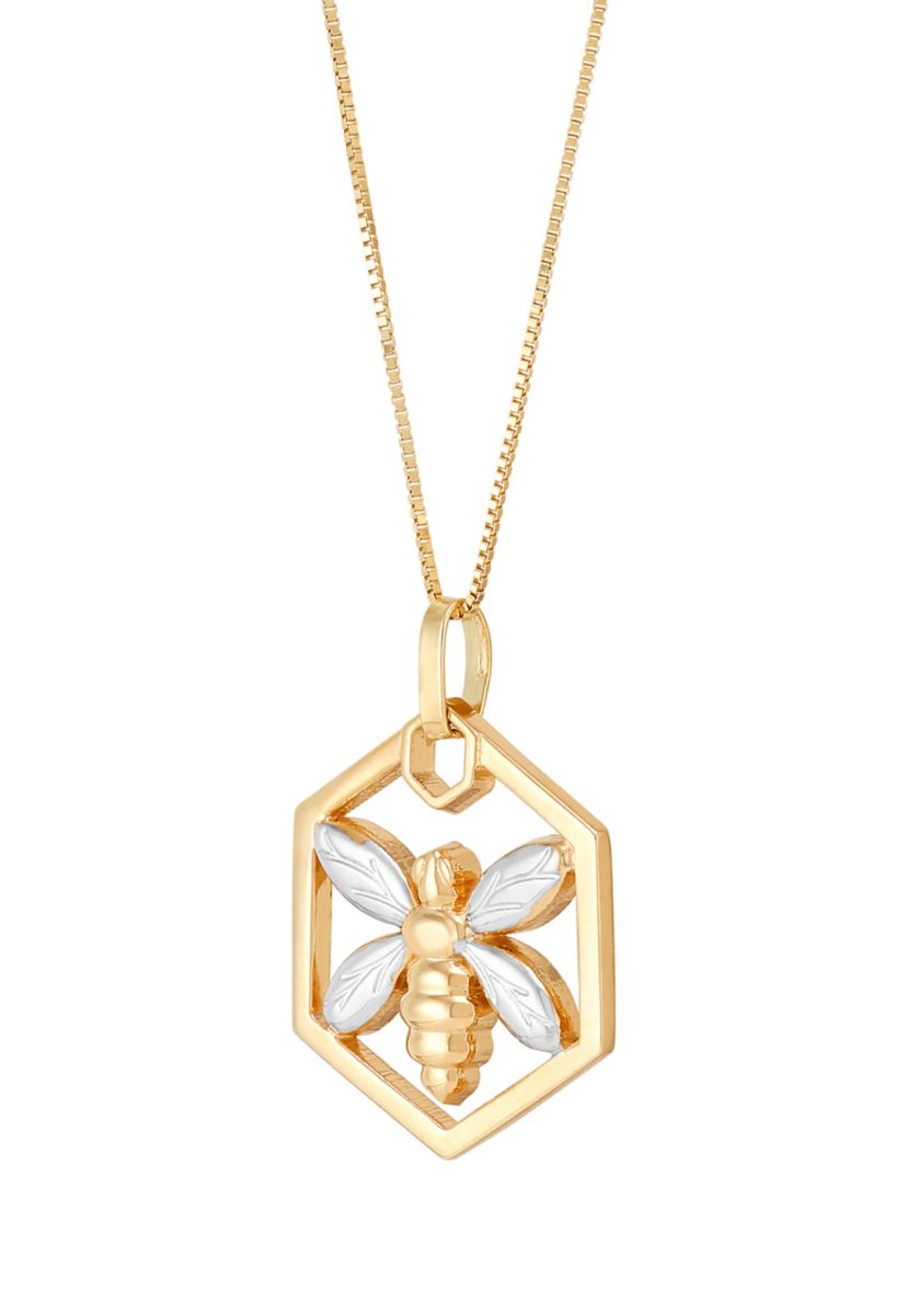 Hexagon with Bee Pendant with 18" Box Chain in 10K Yellow Gold