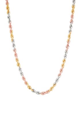 Belk & Co Hollow Rope Chain Necklace in 10K Yellow and White and Rose Gold, 18 in