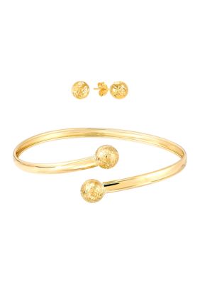 Belk & Co Diamond Cut Bead Bangle and Stud Earrings Set in 10K Yellow Gold