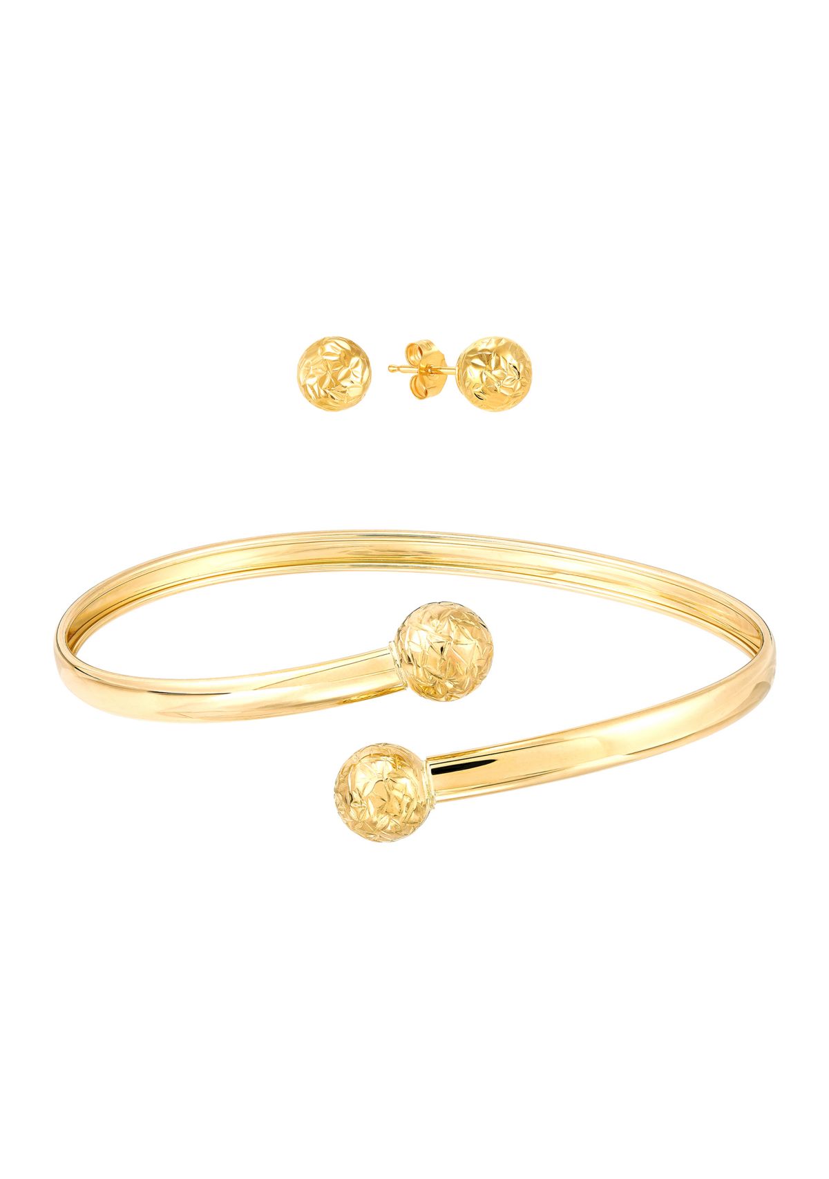 Diamond Cut Bead Bangle and Stud Earrings Set in 10K Yellow Gold