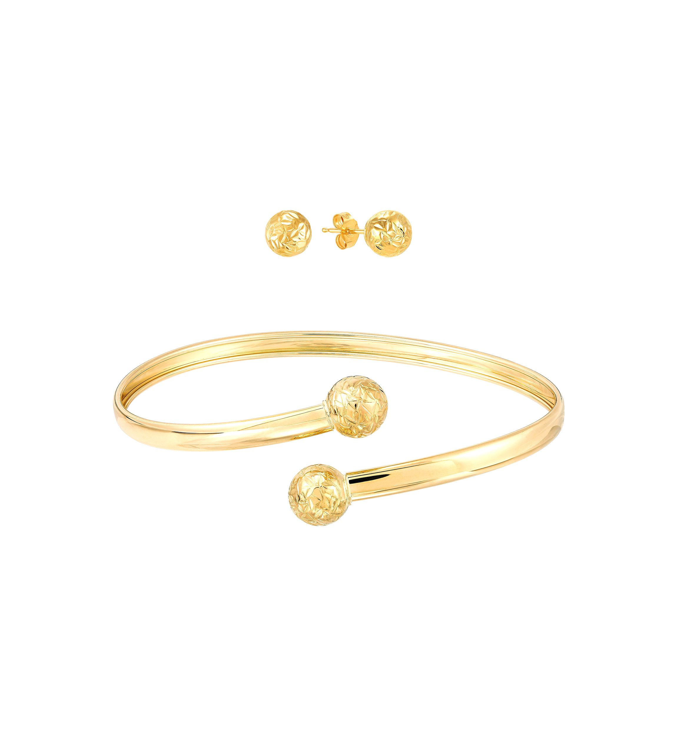 Diamond Cut Bead Bangle and Stud Earrings Set in 10K Yellow Gold