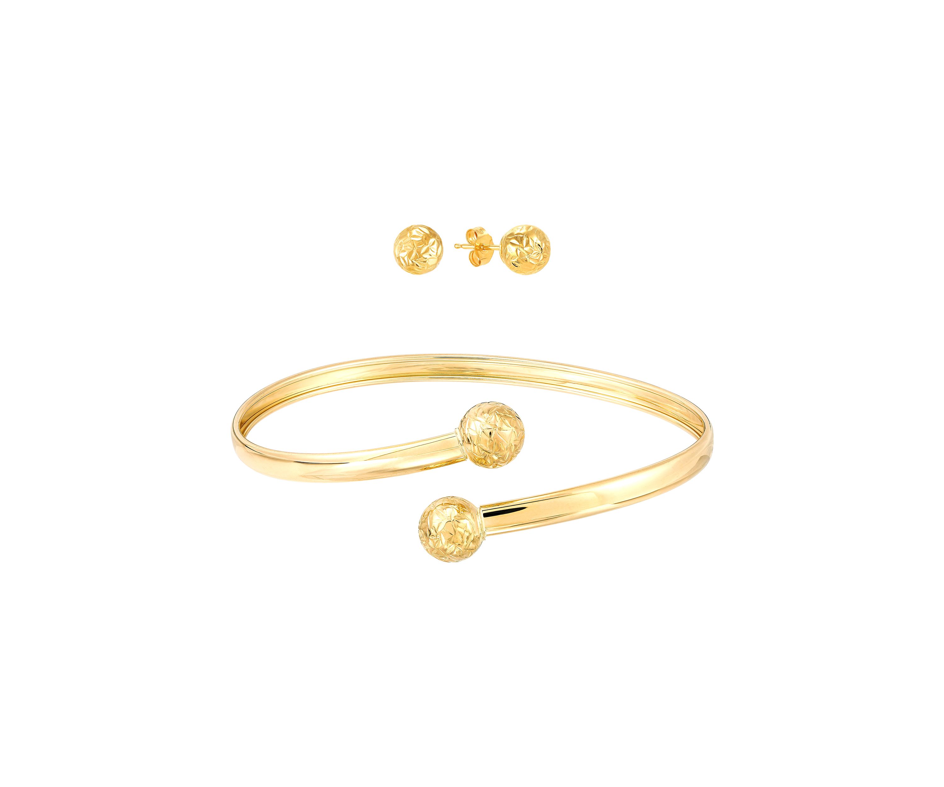 Diamond Cut Bead Bangle and Stud Earrings Set in 10K Yellow Gold