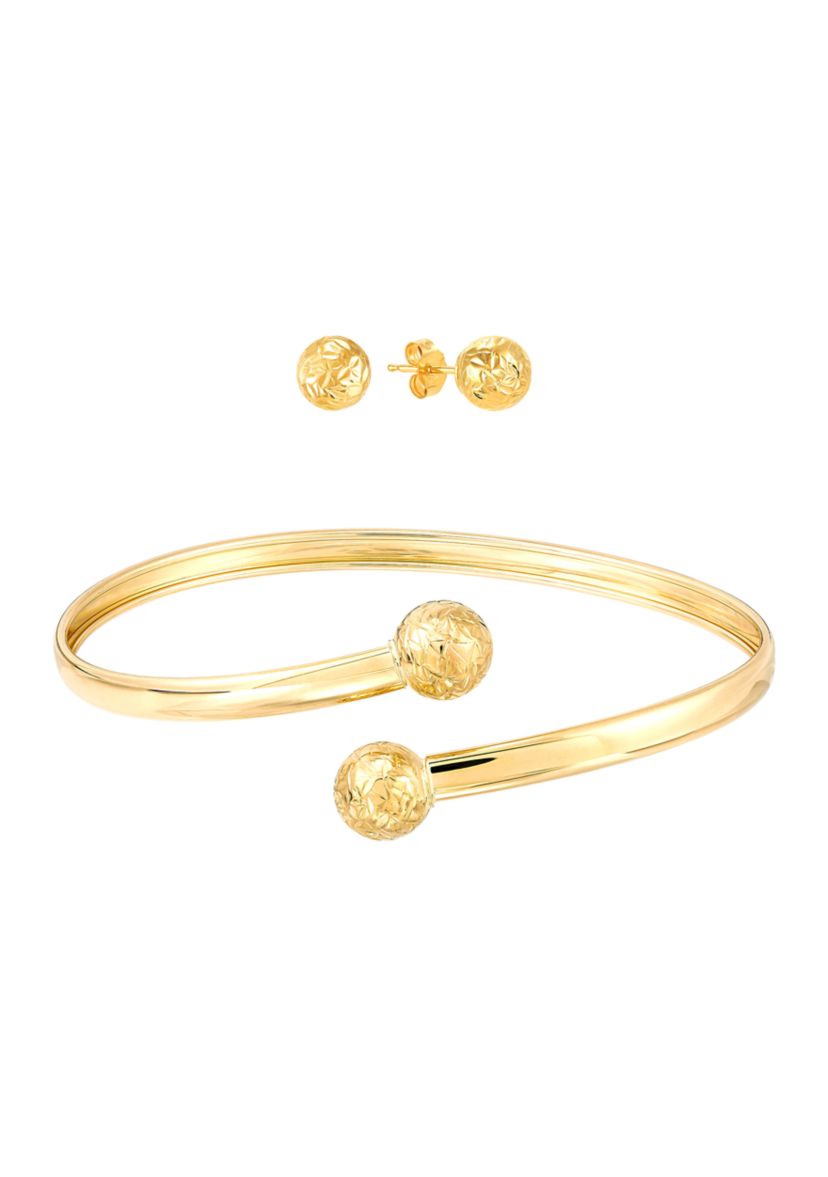Diamond Cut Bead Bangle and Stud Earrings Set in 10K Yellow Gold