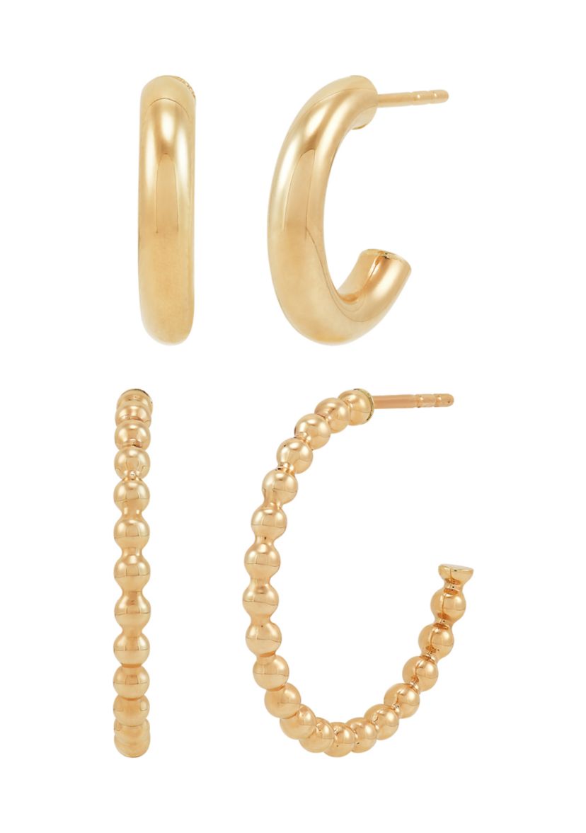 Round and Beaded Tubing J Hoop Earrings Set in 10K Yellow Gold