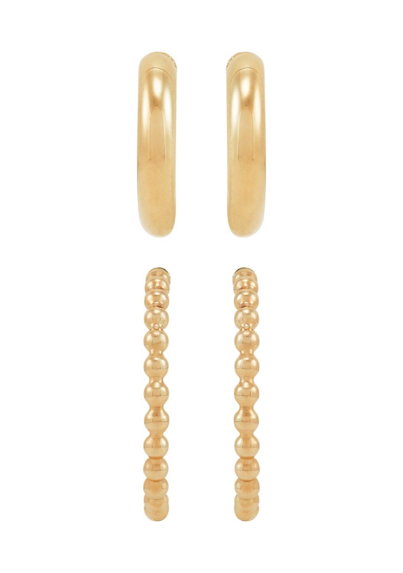 Round and Beaded Tubing J Hoop Earrings Set in 10K Yellow Gold