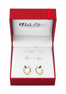 Belk & Co Pearl and White Topaz Hoop and Stud Earring Set in 10K Yellow Gold