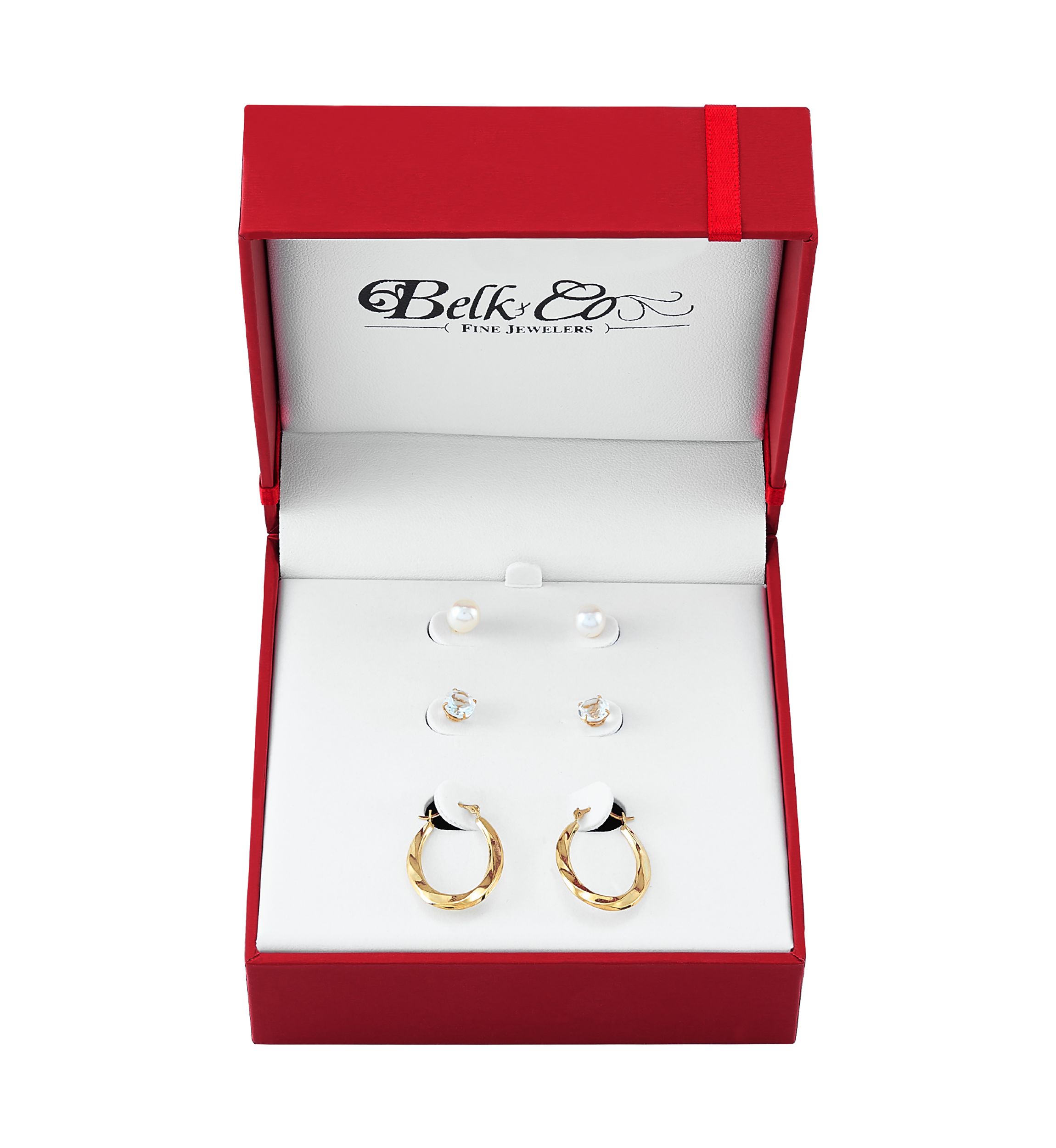 Pearl and White Topaz Hoop and Stud Earring Set in 10K Yellow Gold