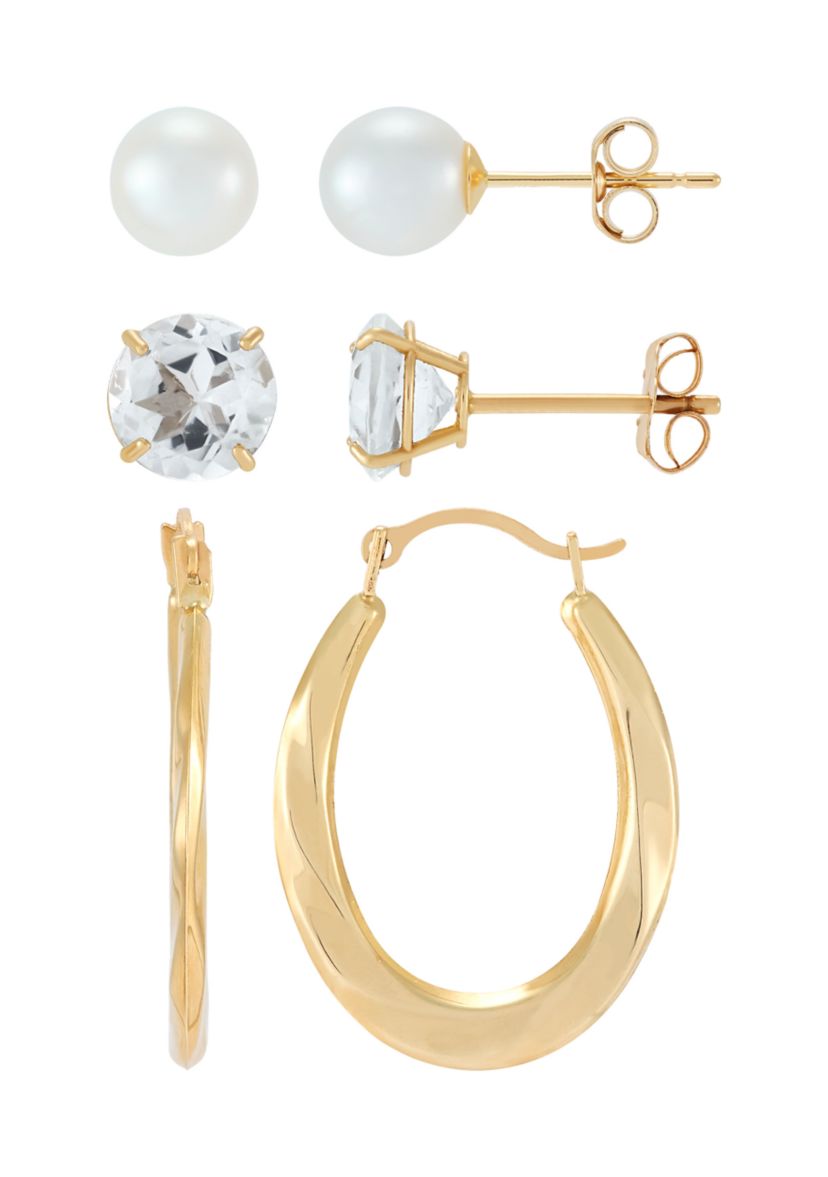 Pearl and White Topaz Hoop and Stud Earring Set in 10K Yellow Gold