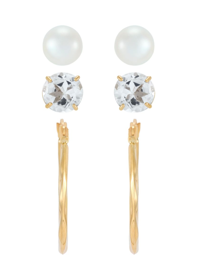 Pearl and White Topaz Hoop and Stud Earring Set in 10K Yellow Gold