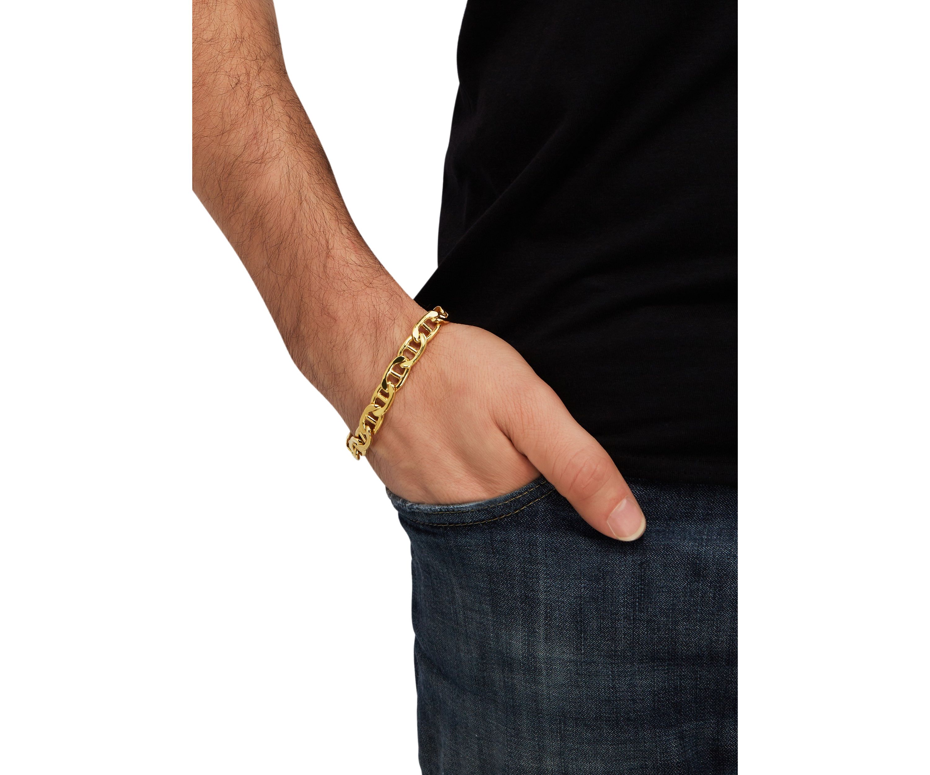 9.7 Millimeter Hollow Mariner Chain Bracelet in Gold Over Silver