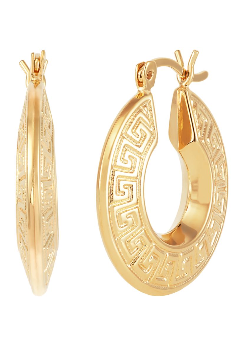Greek Key Design Tube Hoop Earrings in Gold Over Sterling Silver