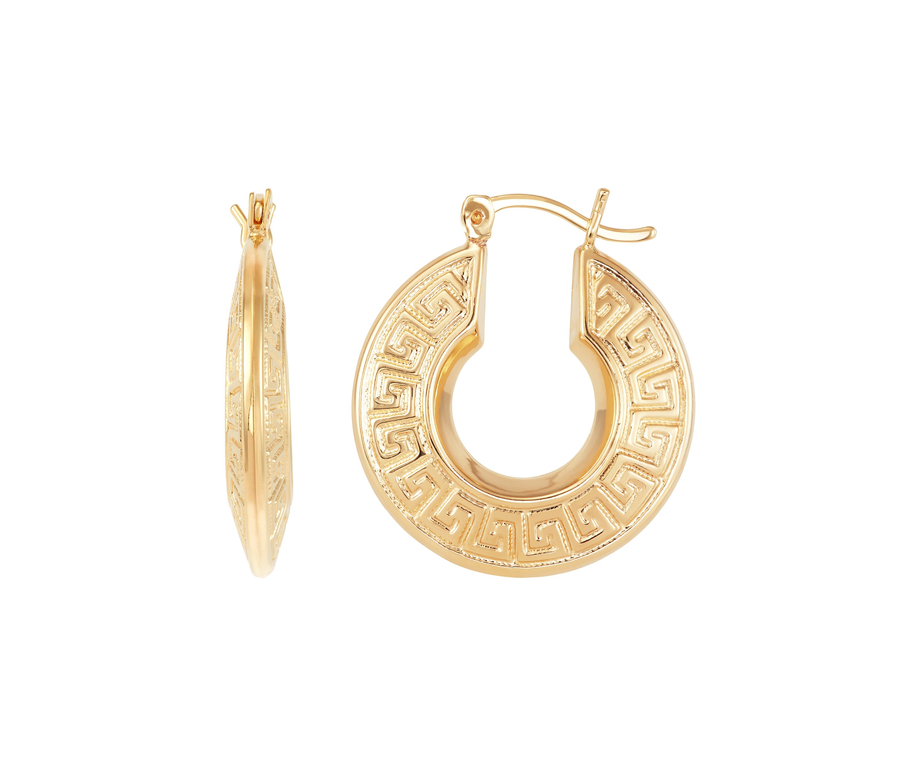 Greek Key Design Tube Hoop Earrings in Gold Over Sterling Silver