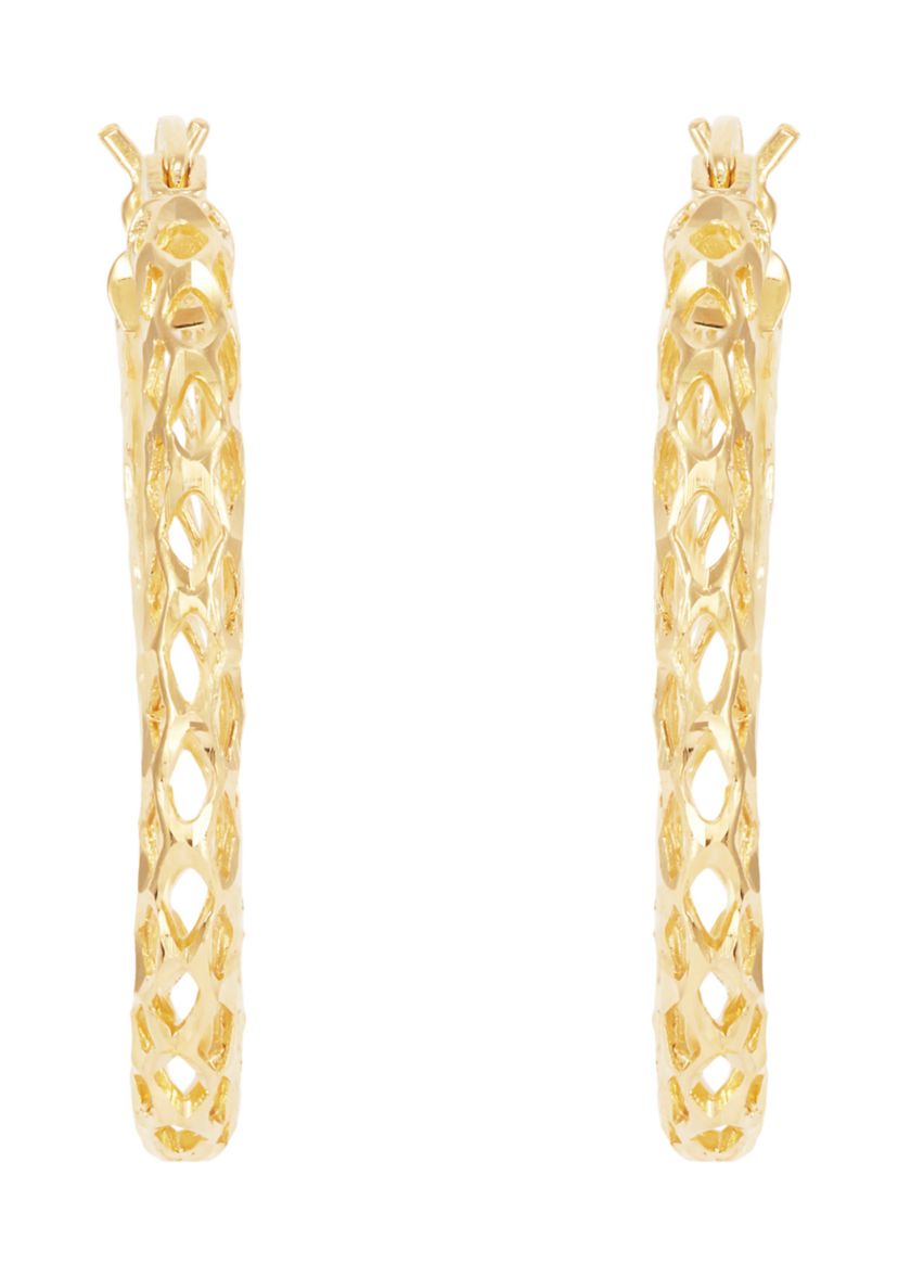 Casted Mesh Round Tube Hoop Earrings in Gold Over Sterling Silver