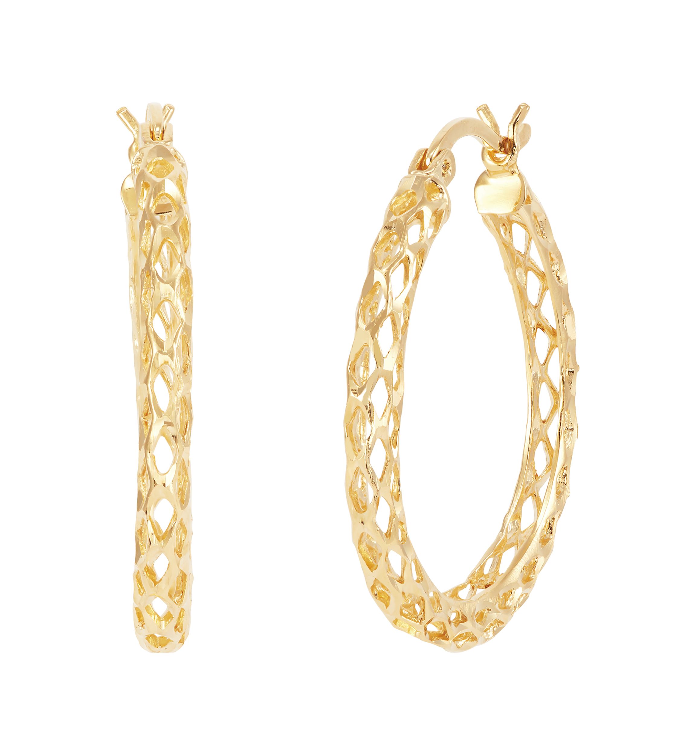 Casted Mesh Round Tube Hoop Earrings in Gold Over Sterling Silver